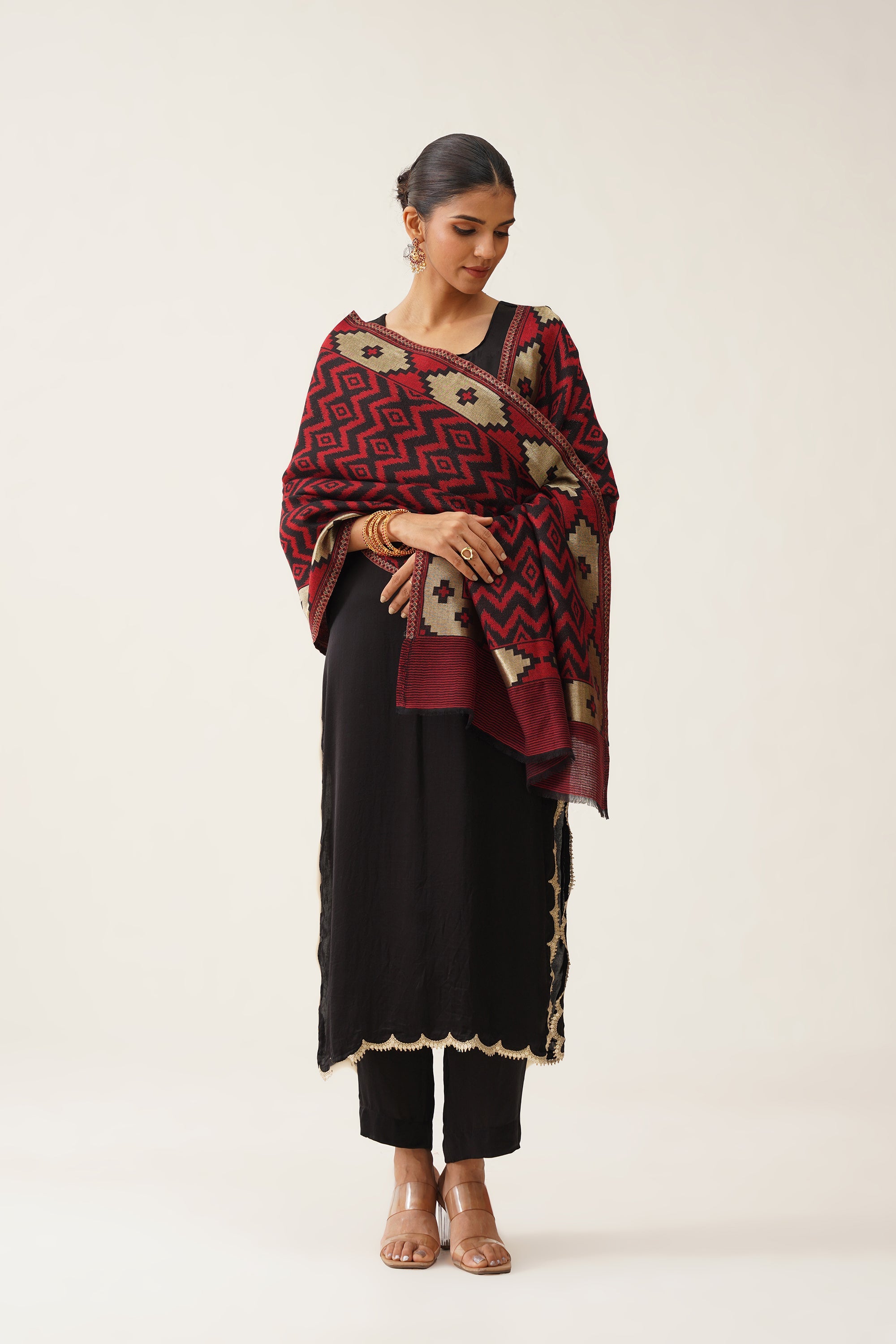 Red Ikat Woollen Shawl With Lurex - Neetika Chopra
