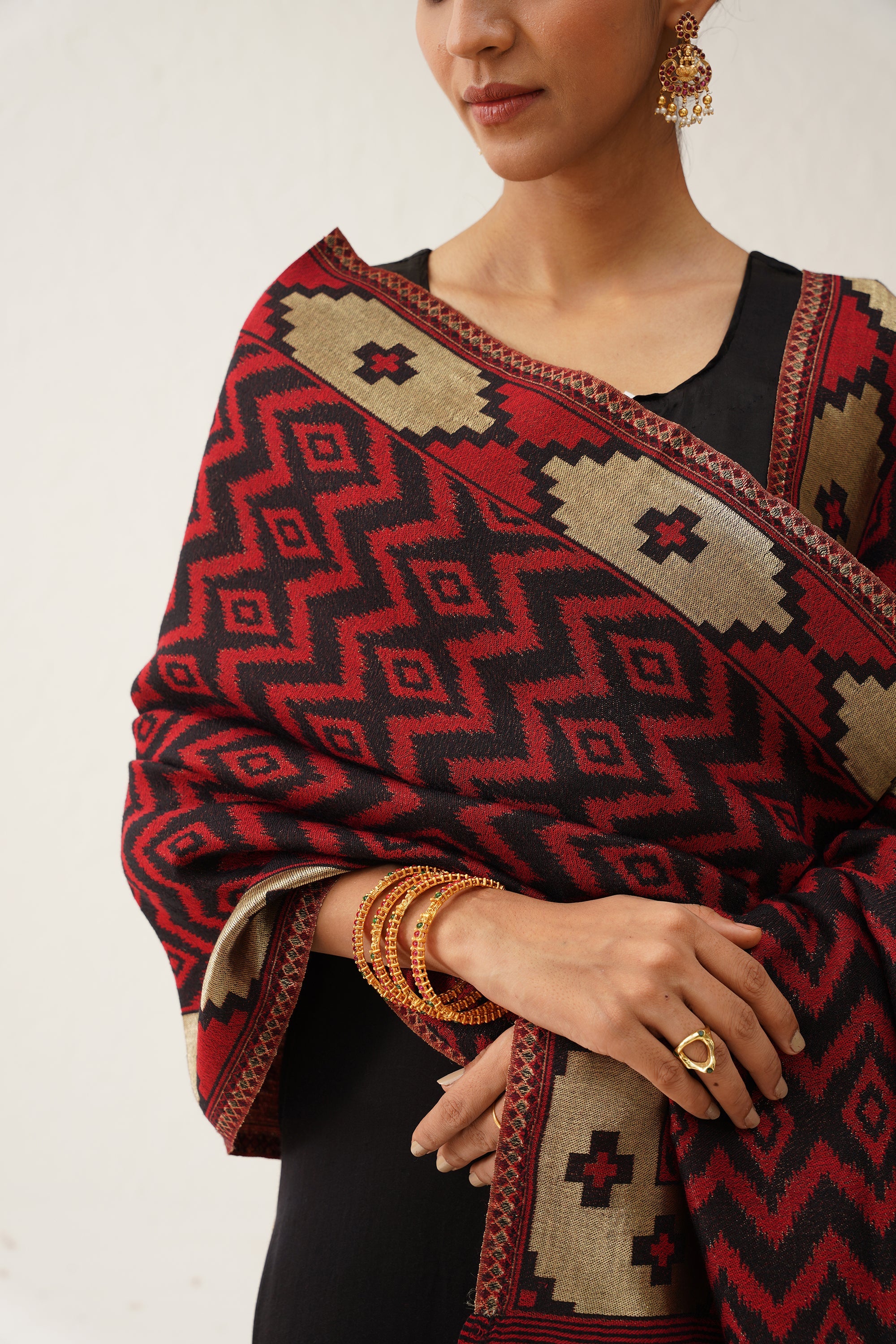 Red Ikat Woollen Shawl With Lurex - Neetika Chopra