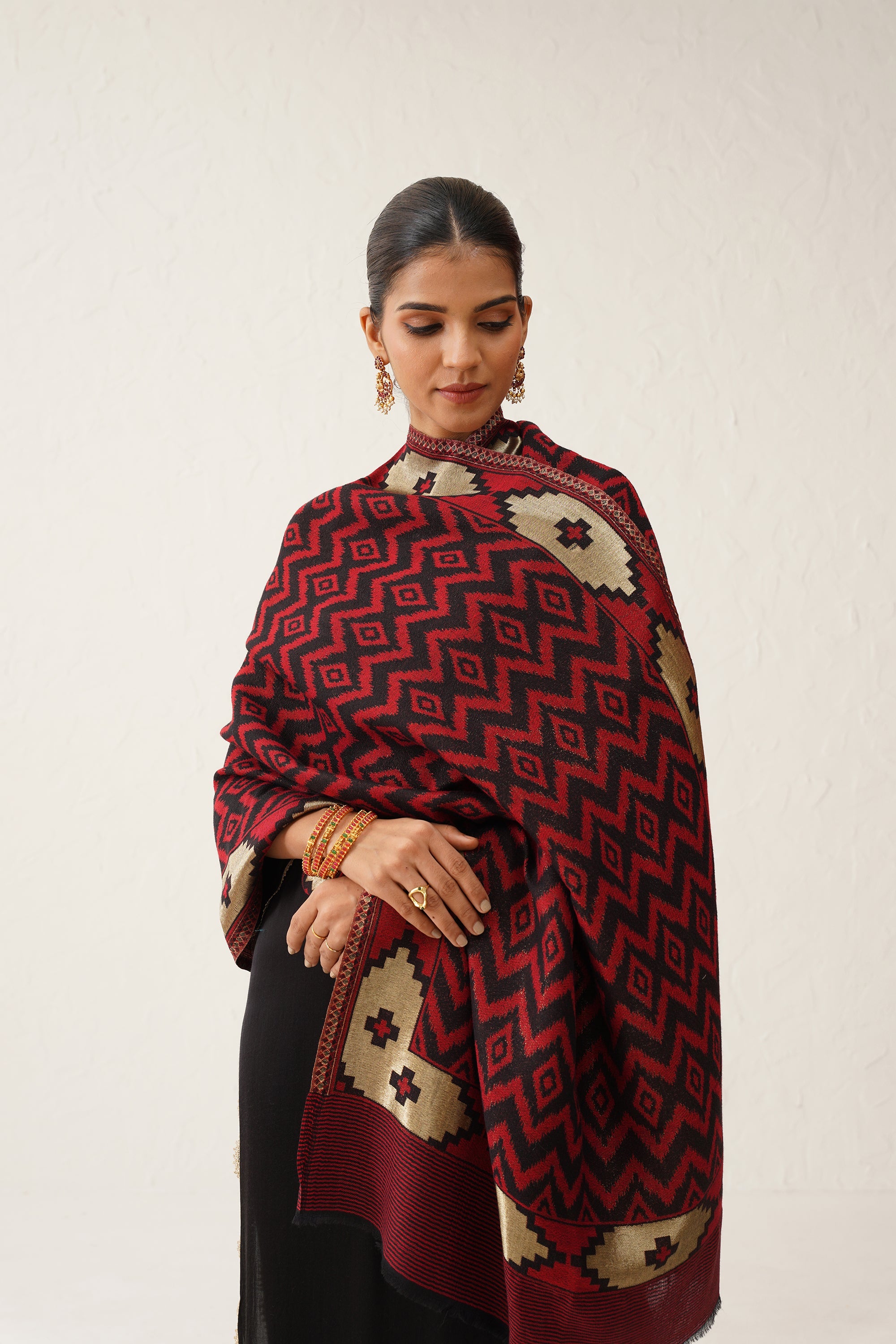 Red Ikat Woollen Shawl With Lurex - Neetika Chopra