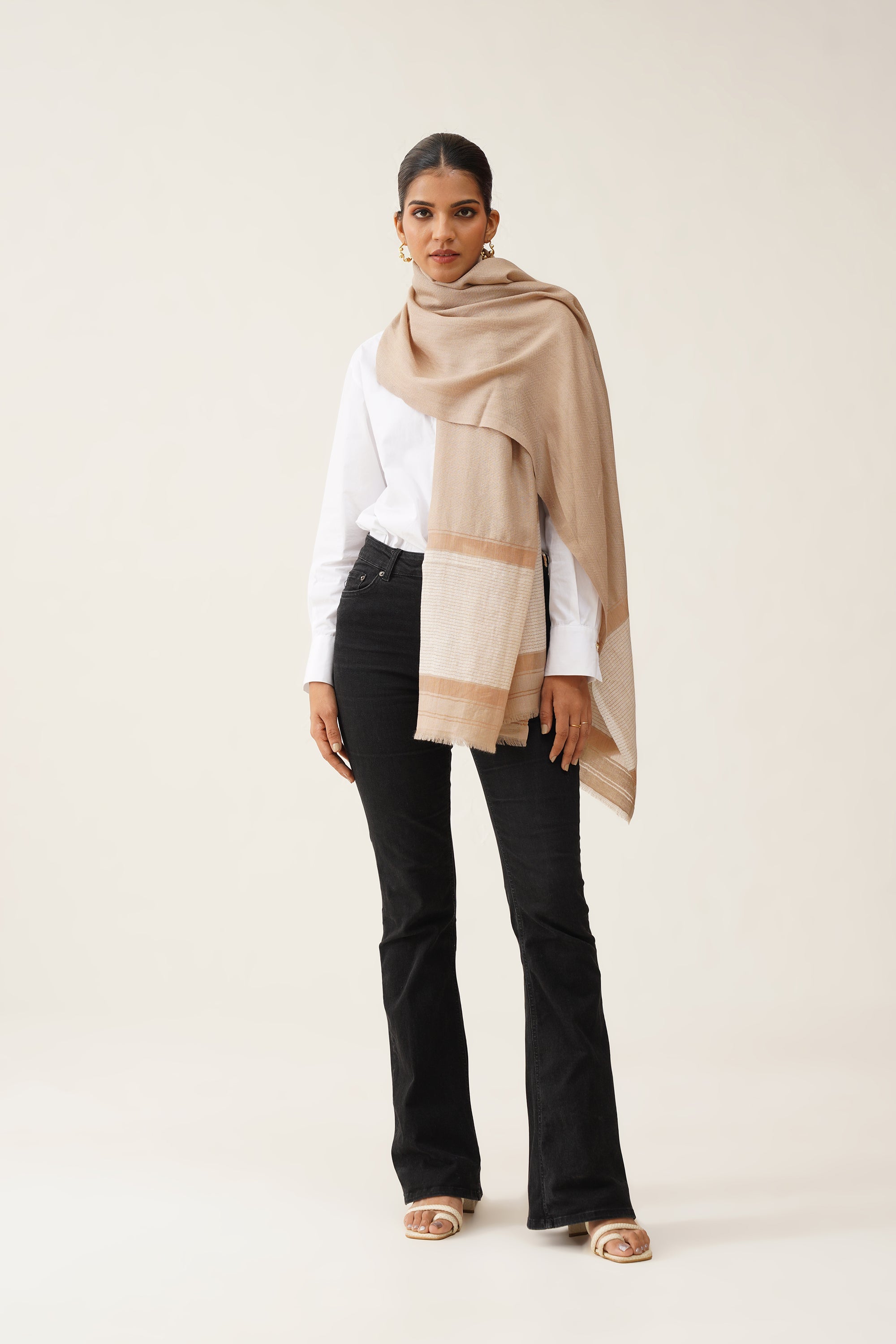 Beige Herringbone Lurex Stole - Neetika Chopra