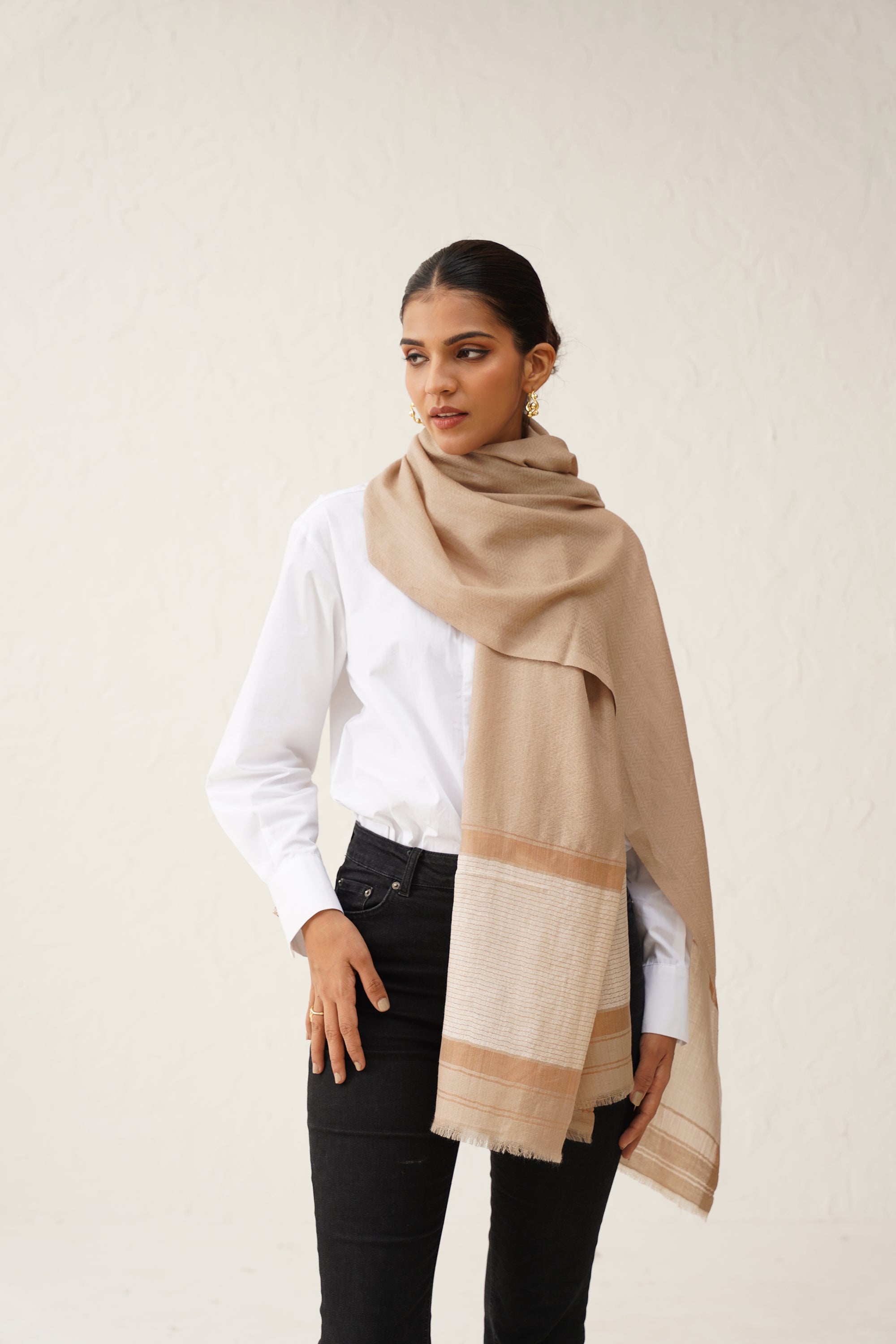 Beige Herringbone Lurex Stole - Neetika Chopra