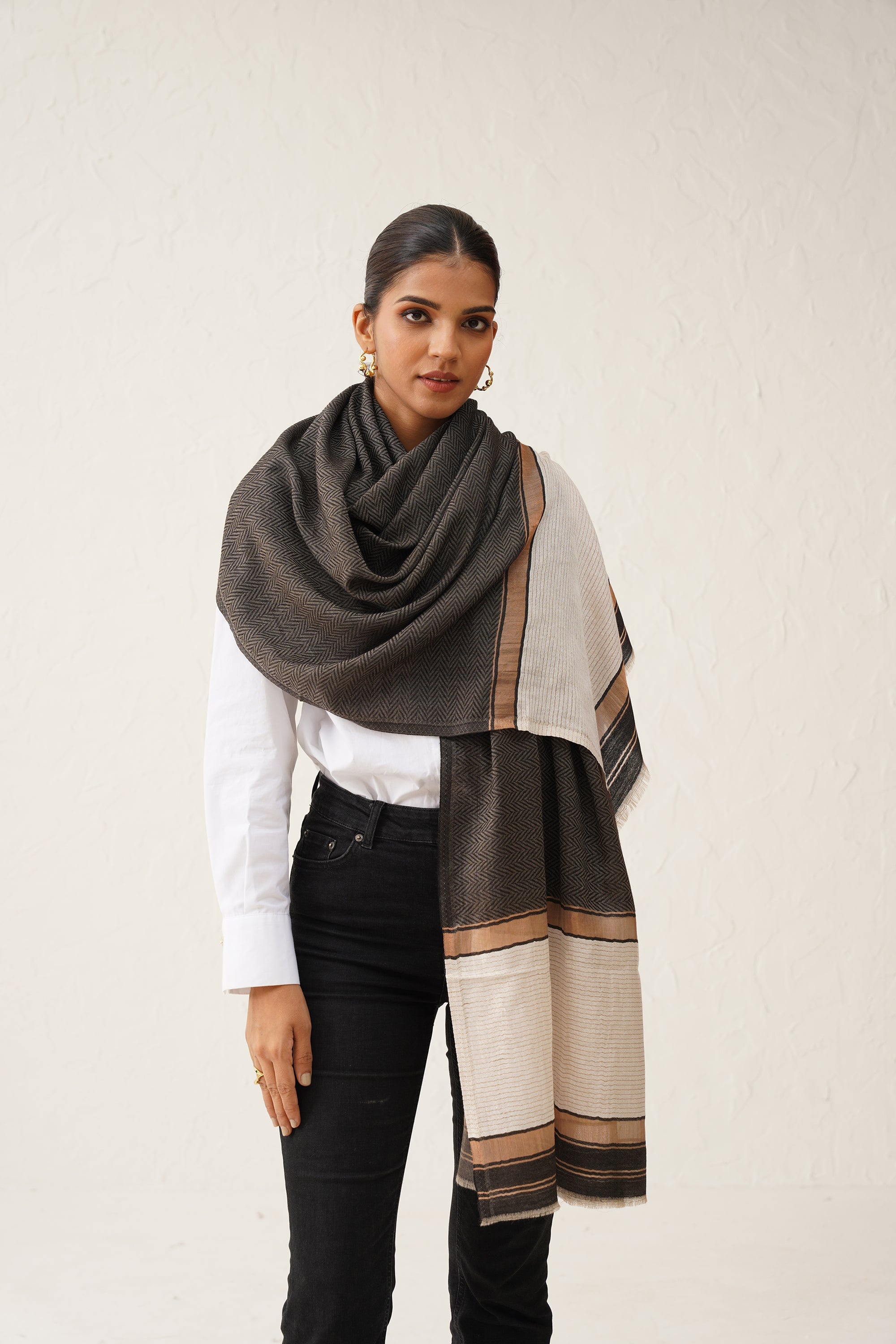 Grey Herringbone Lurex Stole - Neetika Chopra