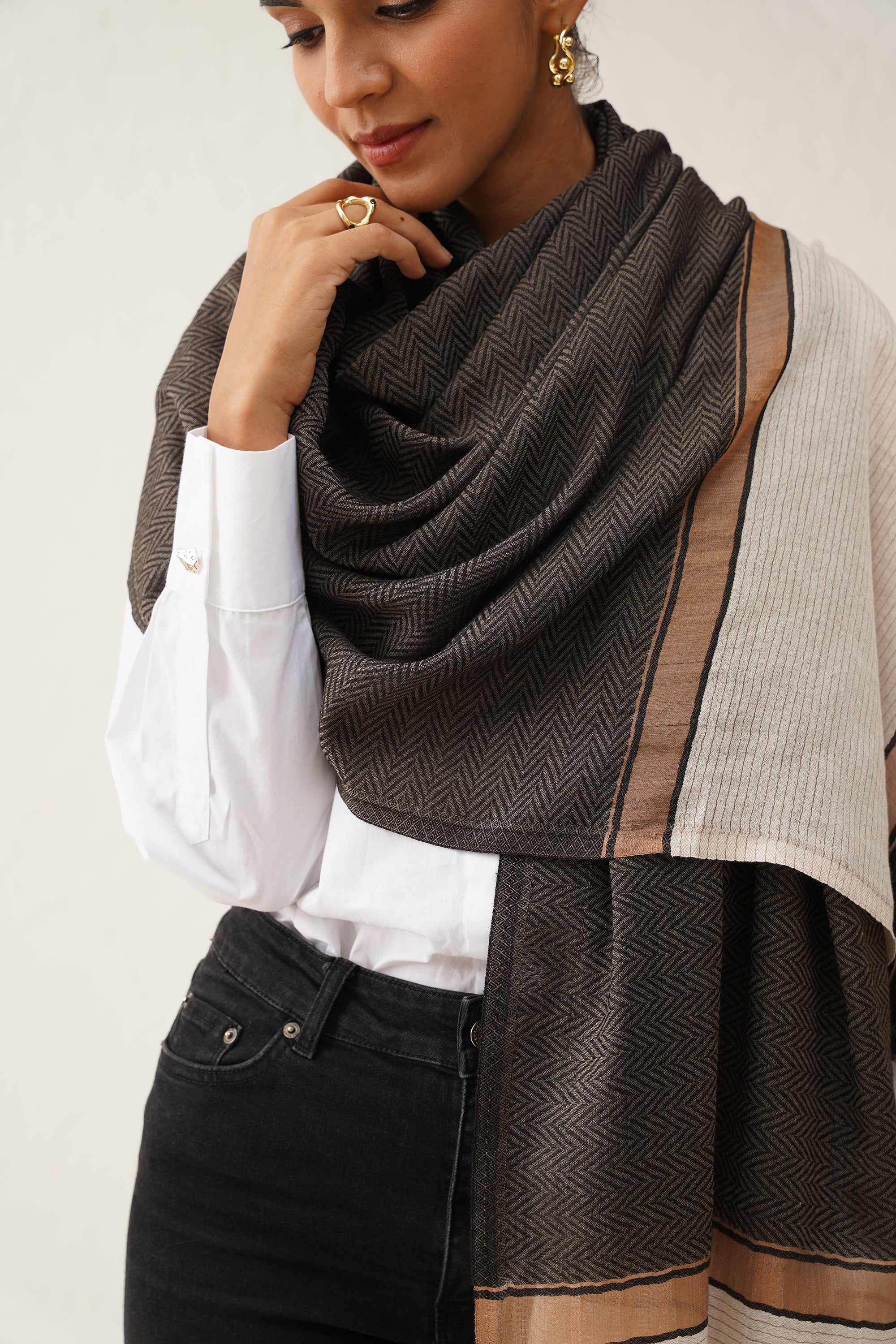 Grey Herringbone Lurex Stole - Neetika Chopra