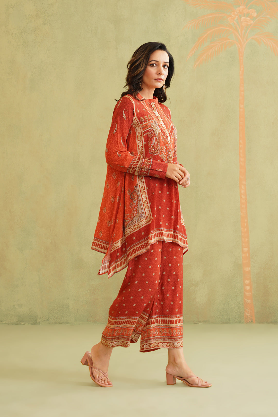 Terracotta Hand Embroidered Crepe Matching Set - Neetika Chopra