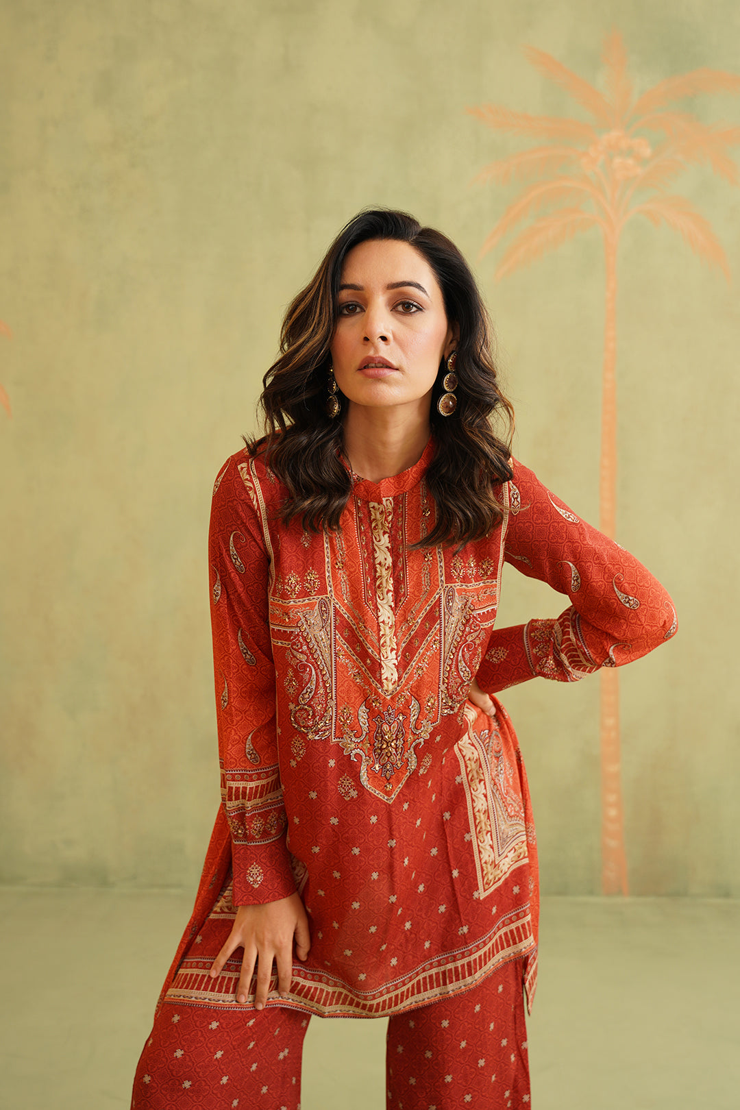 Terracotta Hand Embroidered Crepe Matching Set - Neetika Chopra