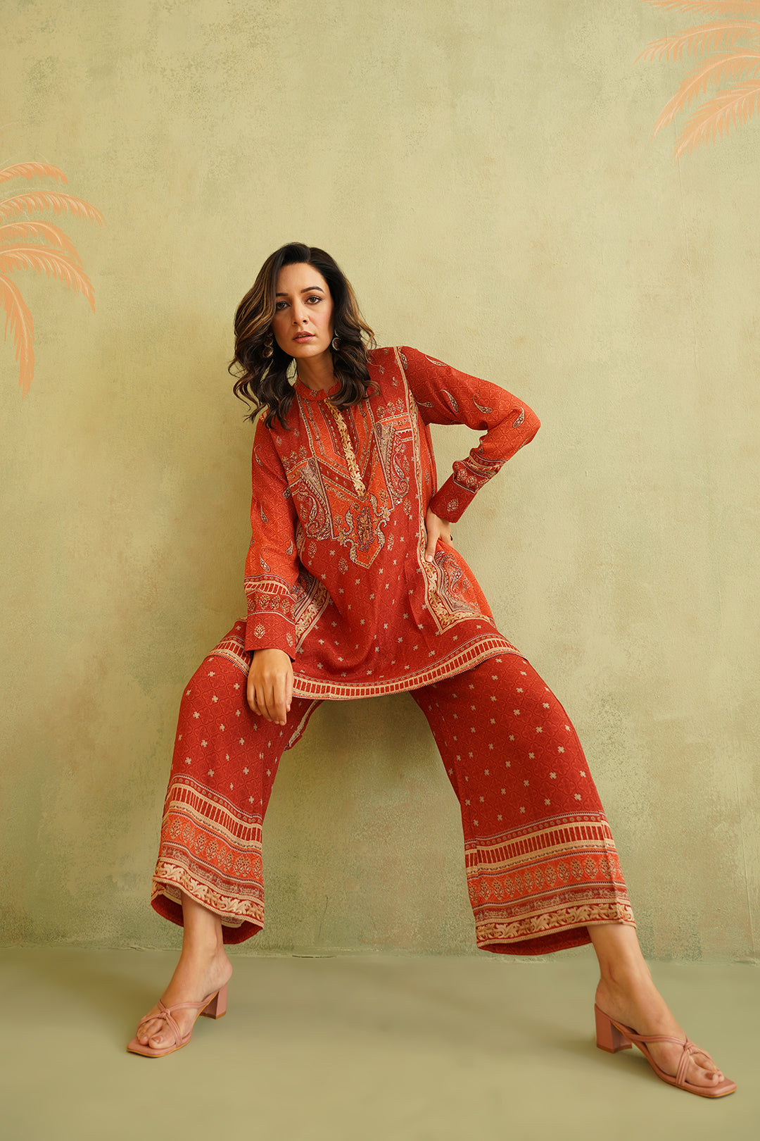 Terracotta Hand Embroidered Crepe Matching Set - Neetika Chopra