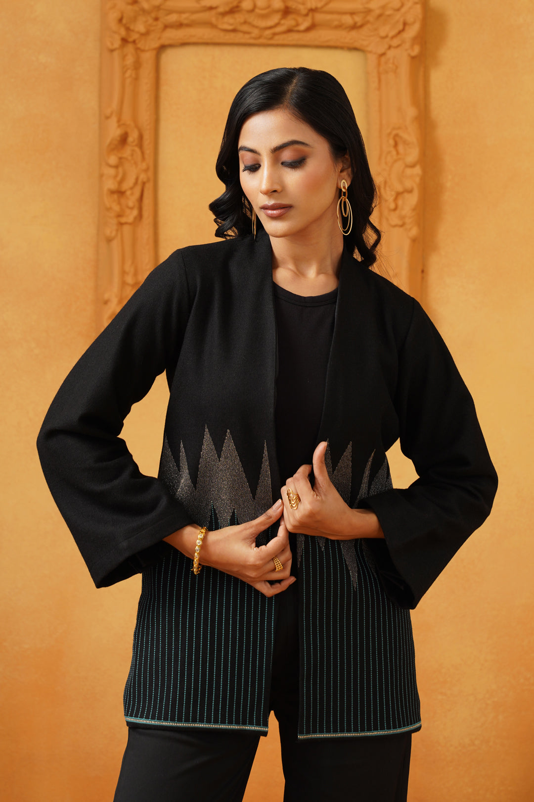 Black & Blue Lurex Tweed Embroidered Only Jacket - Neetika Chopra