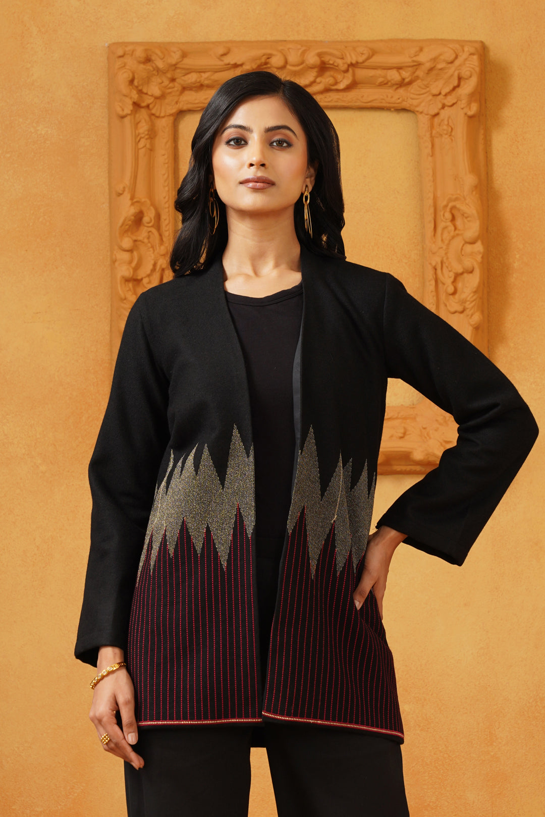 Black & Red Lurex Tweed Embroidered Jacket - Neetika Chopra
