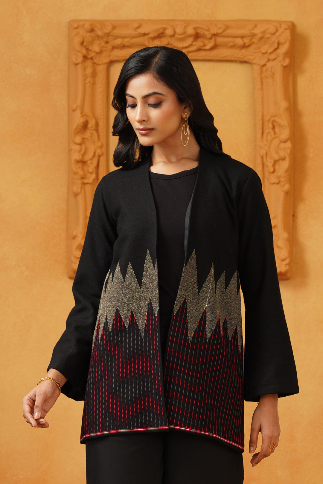 Black & Red Lurex Tweed Embroidered Jacket - Neetika Chopra