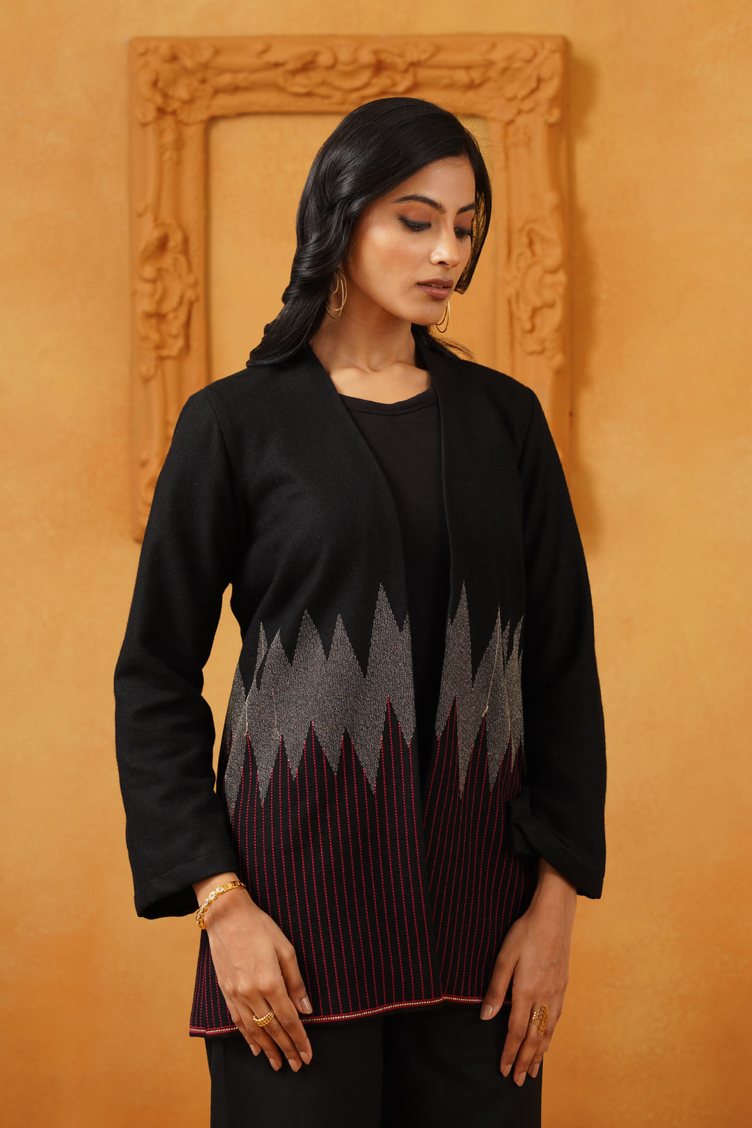 Black & Red Lurex Tweed Embroidered Jacket - Neetika Chopra