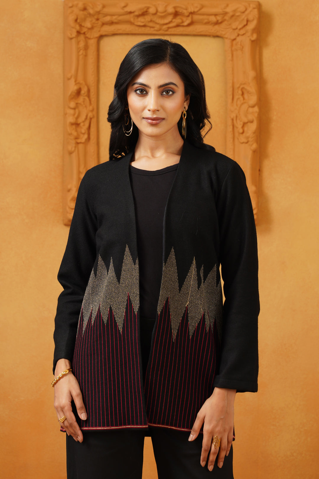 Black & Red Lurex Tweed Embroidered Jacket - Neetika Chopra