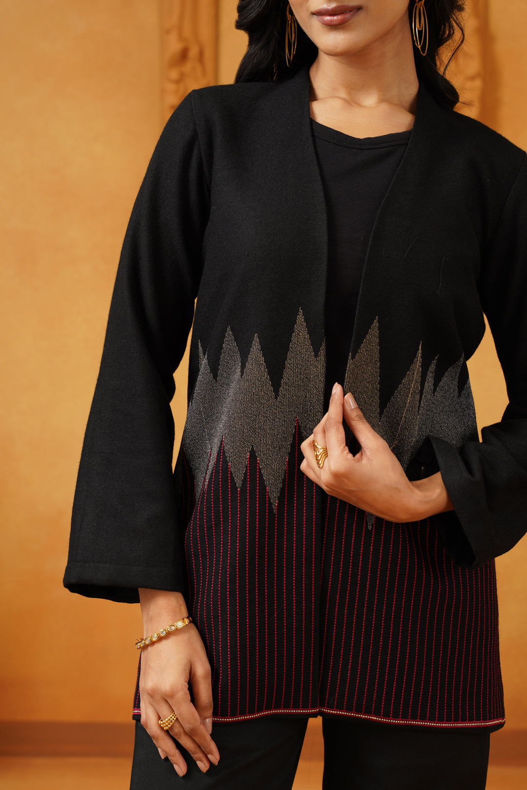 Black & Red Lurex Tweed Embroidered Jacket - Neetika Chopra
