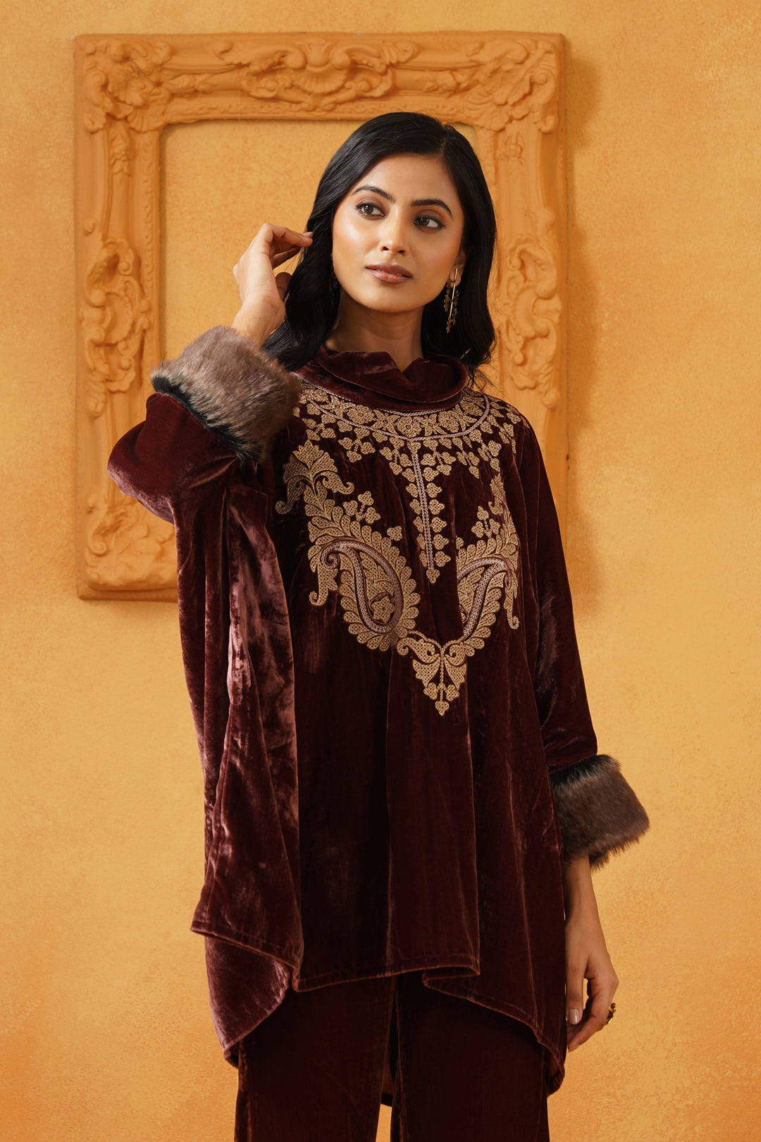 Aqsa Embroidered Velvet Poncho Only - Neetika Chopra