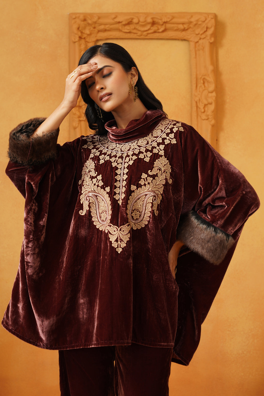 Aqsa Embroidered Velvet Poncho Only - Neetika Chopra
