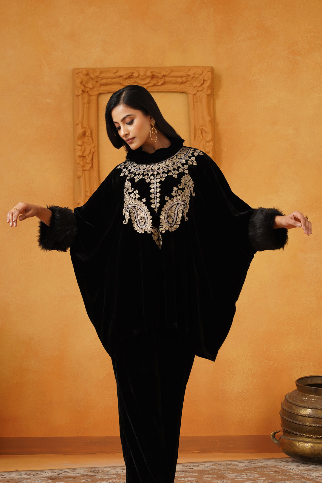 Gulrez Velvet Embroidered Poncho - Neetika Chopra