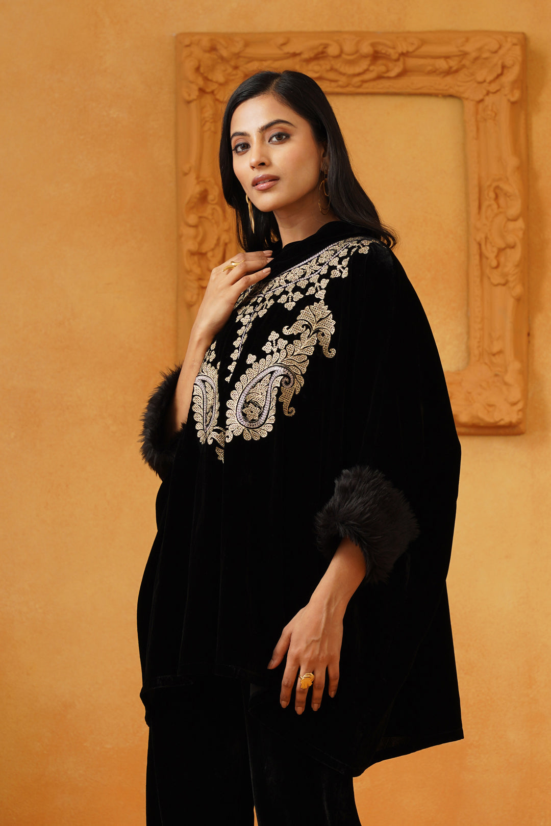 Gulrez Velvet Embroidered Poncho - Neetika Chopra