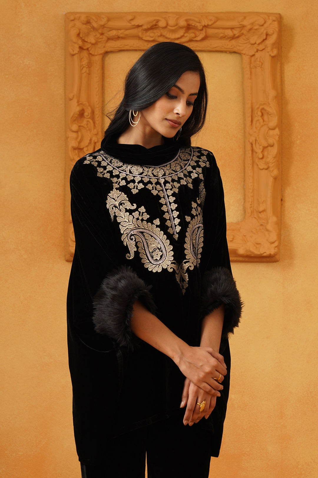Gulrez Velvet Embroidered Poncho - Neetika Chopra