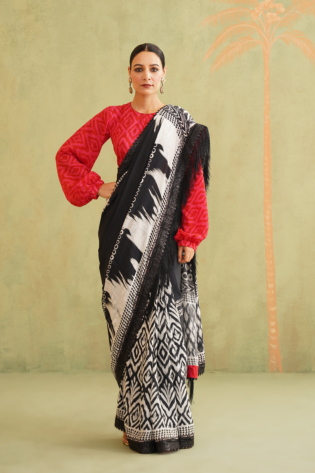 Black and White Pre-Draped Tassel Stitched Saree - Neetika Chopra