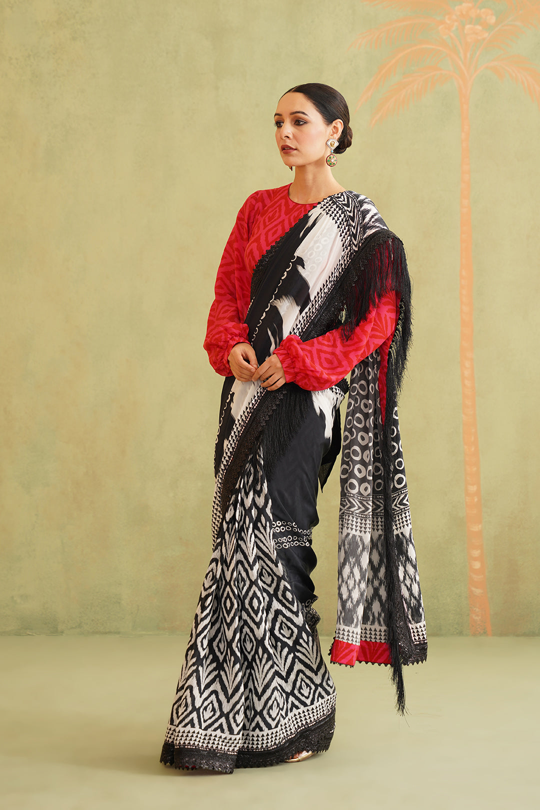 Black and White Pre-Draped Tassel Stitched Saree - Neetika Chopra