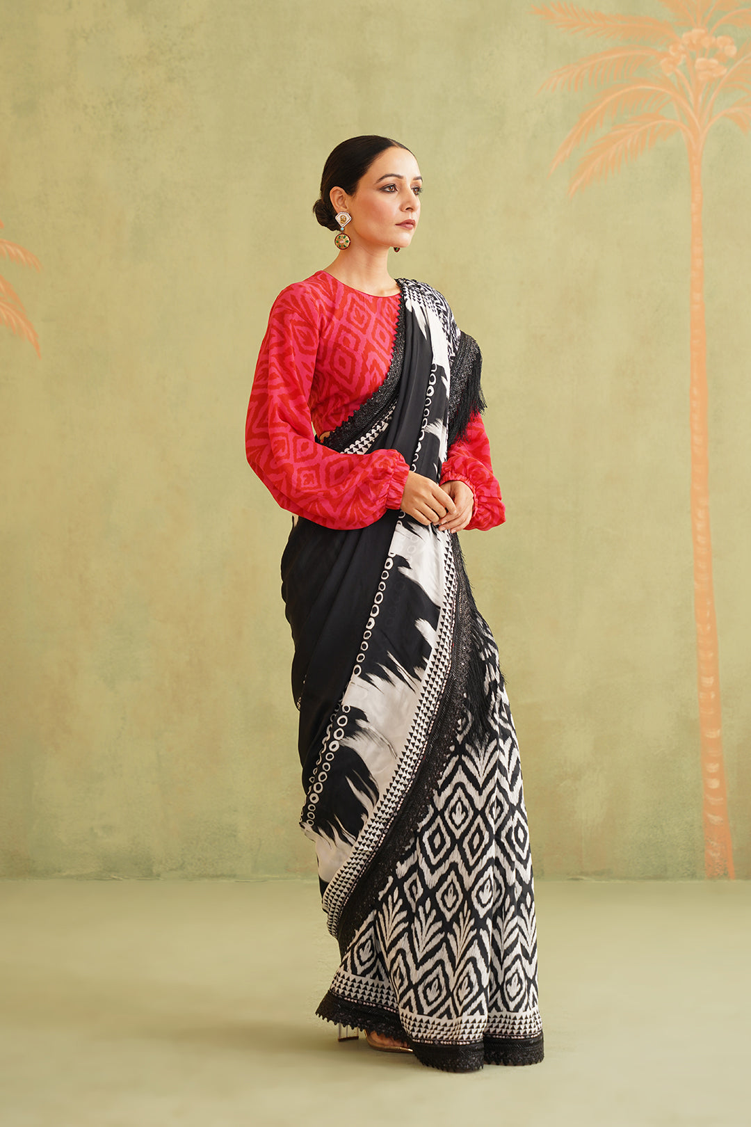 Black and White Pre-Draped Tassel Stitched Saree - Neetika Chopra