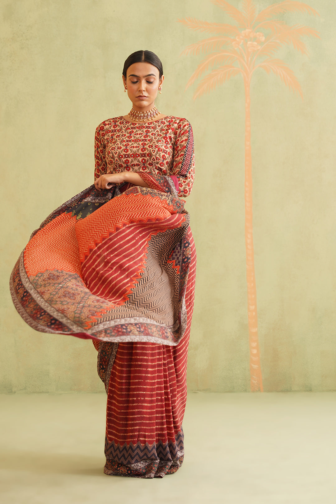 Rida Pre-Draped Printed Crepe Stitched Saree - Neetika Chopra