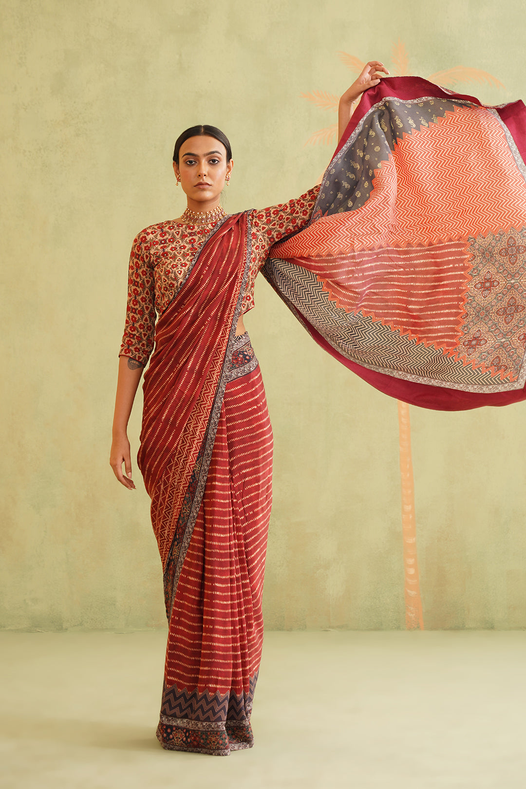 Rida Pre-Draped Printed Crepe Stitched Saree - Neetika Chopra
