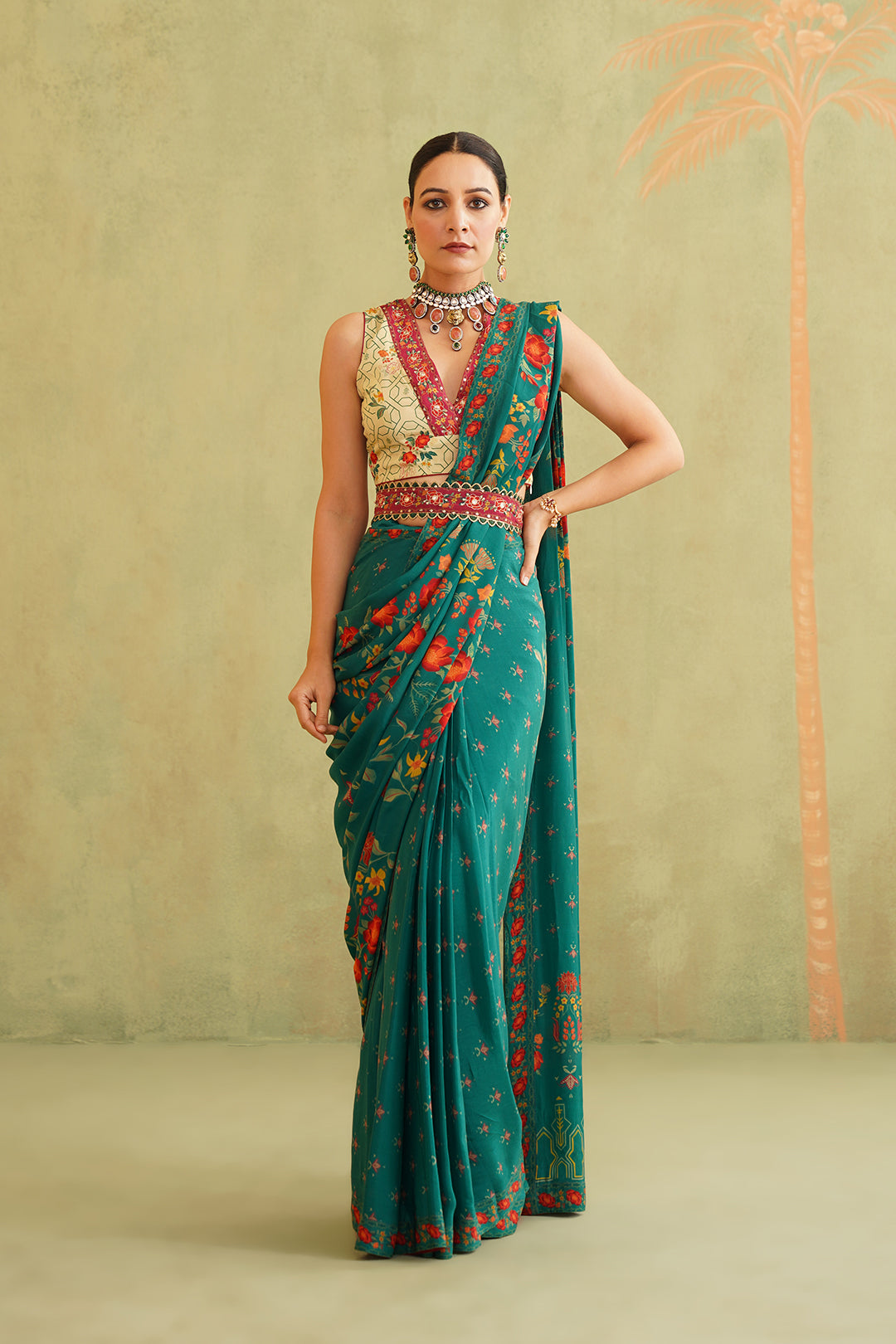Sitara Pre-Draped Crepe Embroidered Saree With Belt - Neetika Chopra