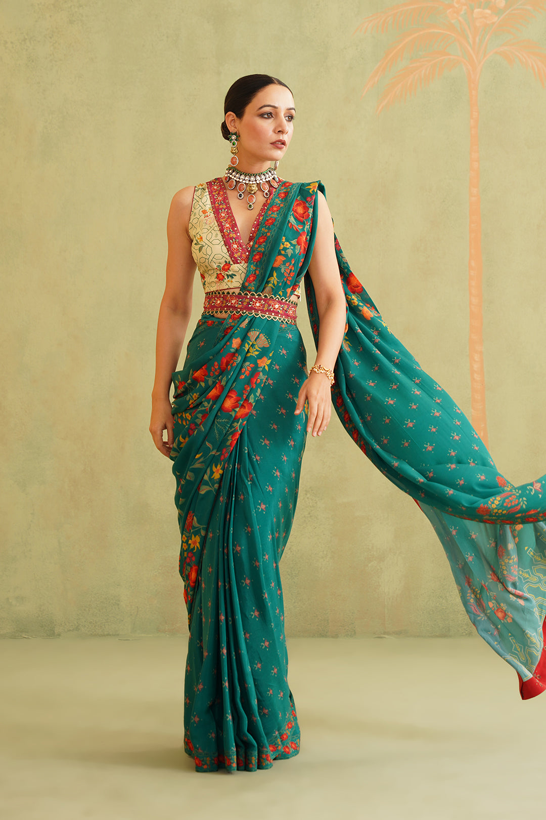 Sitara Pre-Draped Crepe Embroidered Saree With Belt - Neetika Chopra