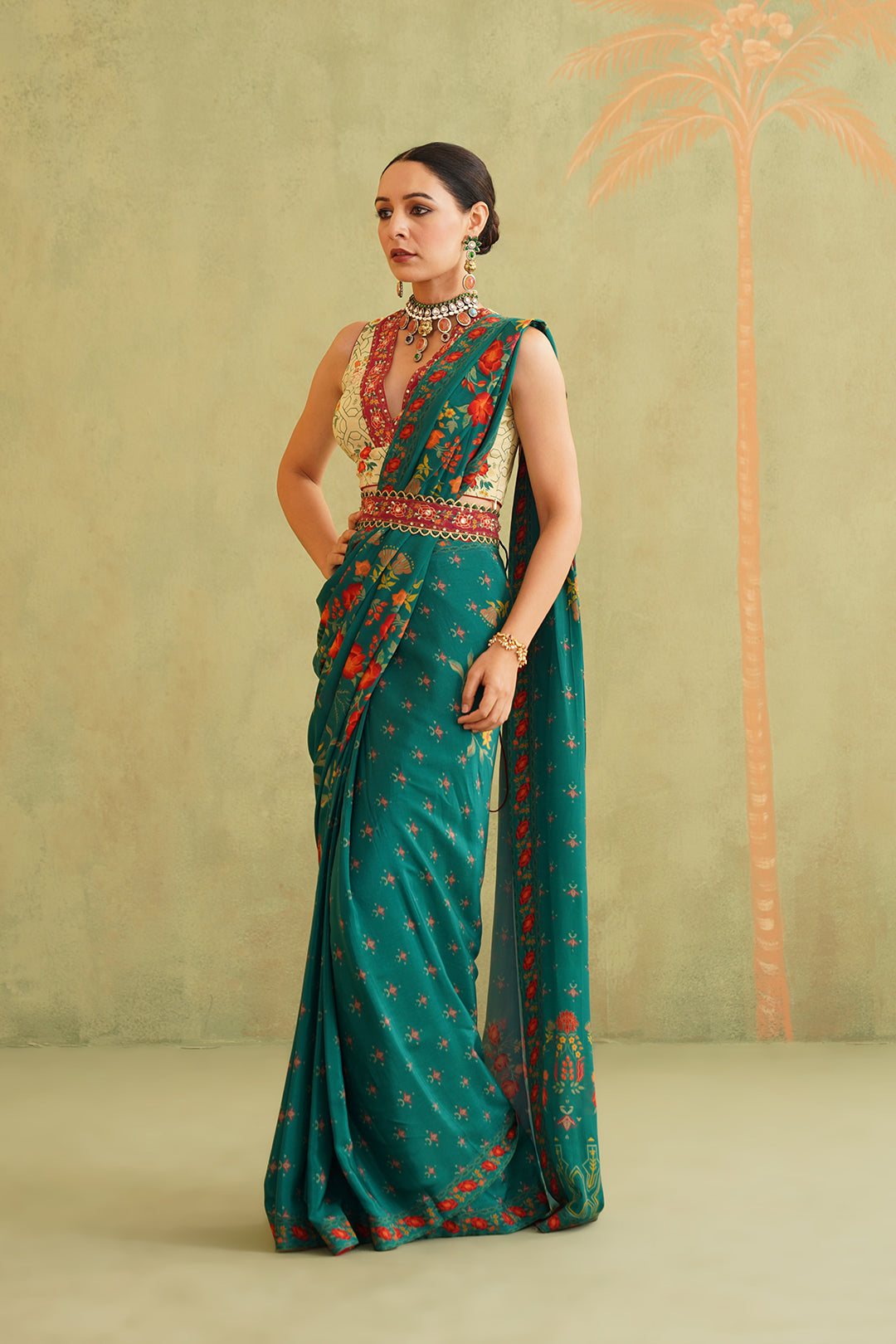 Sitara Pre-Draped Crepe Embroidered Saree With Belt - Neetika Chopra