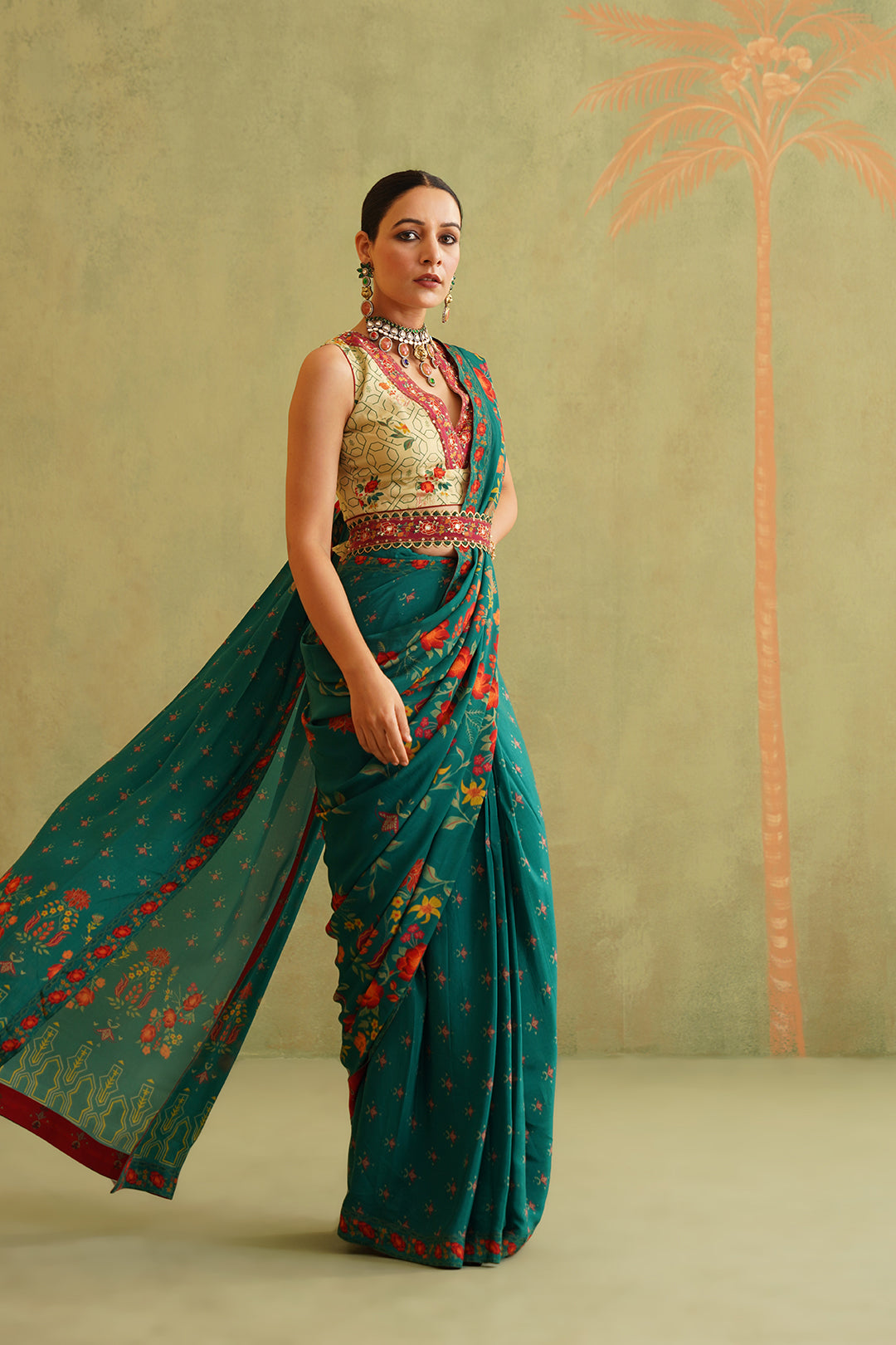 Sitara Pre-Draped Crepe Embroidered Saree With Belt - Neetika Chopra