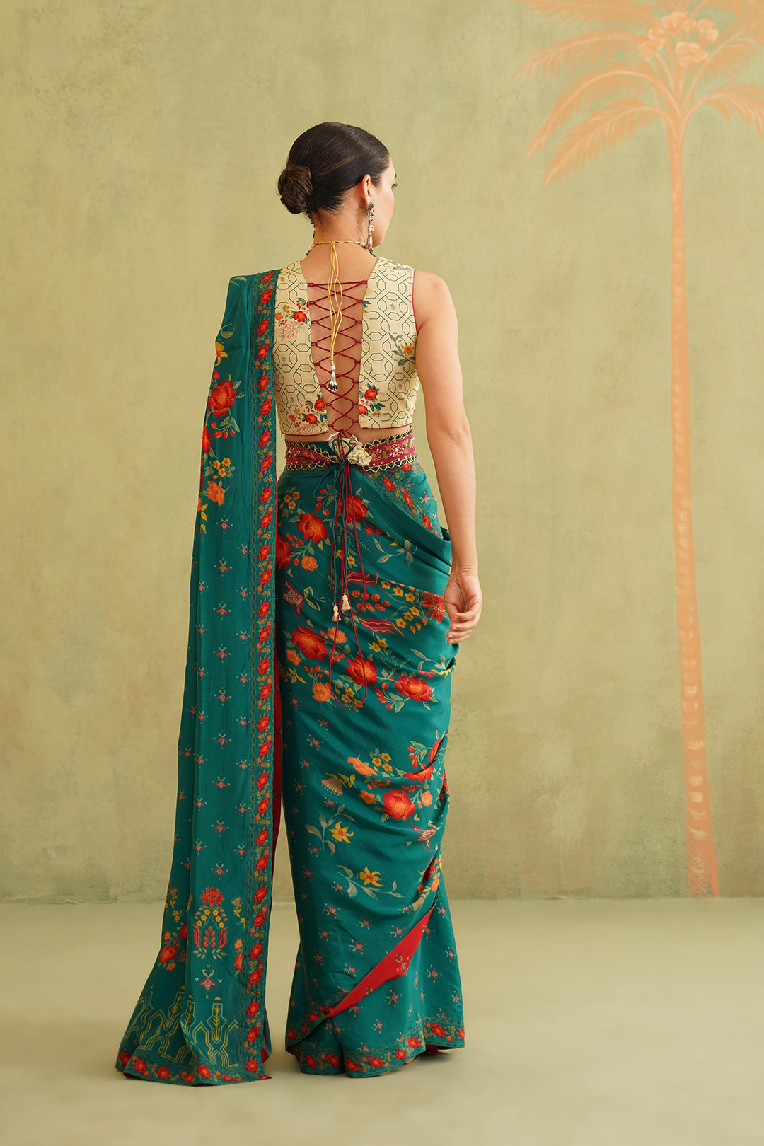Sitara Pre-Draped Crepe Embroidered Saree With Belt - Neetika Chopra