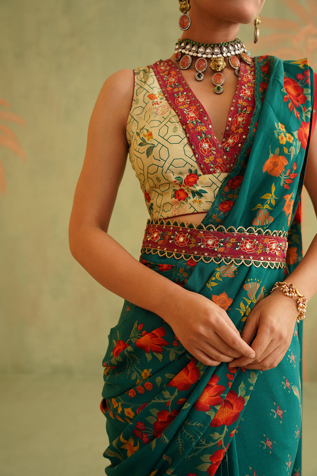 Sitara Pre-Draped Crepe Embroidered Saree With Belt - Neetika Chopra
