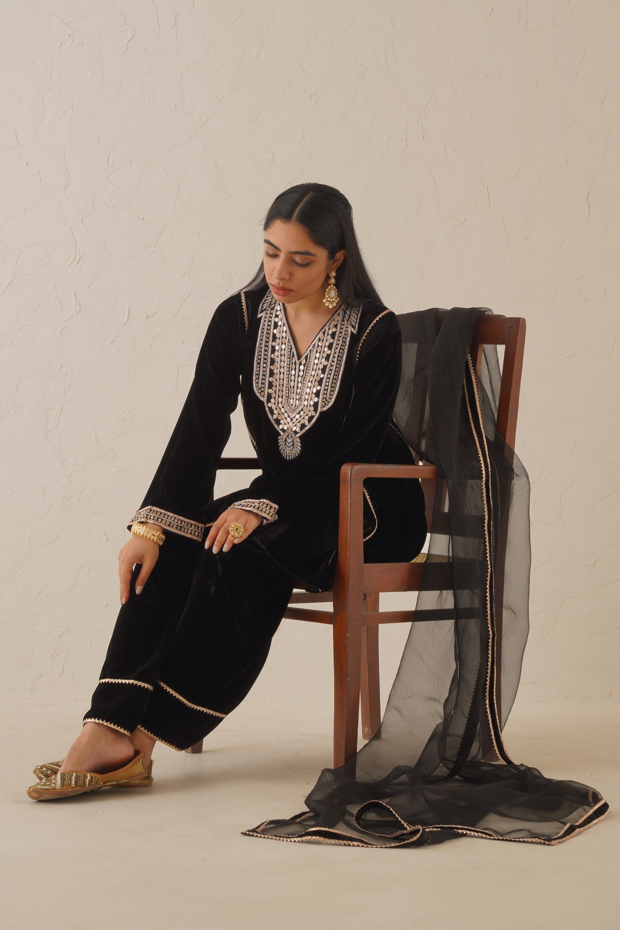 Black Pure Velvet Hand Embroidered Suit Set - Neetika Chopra