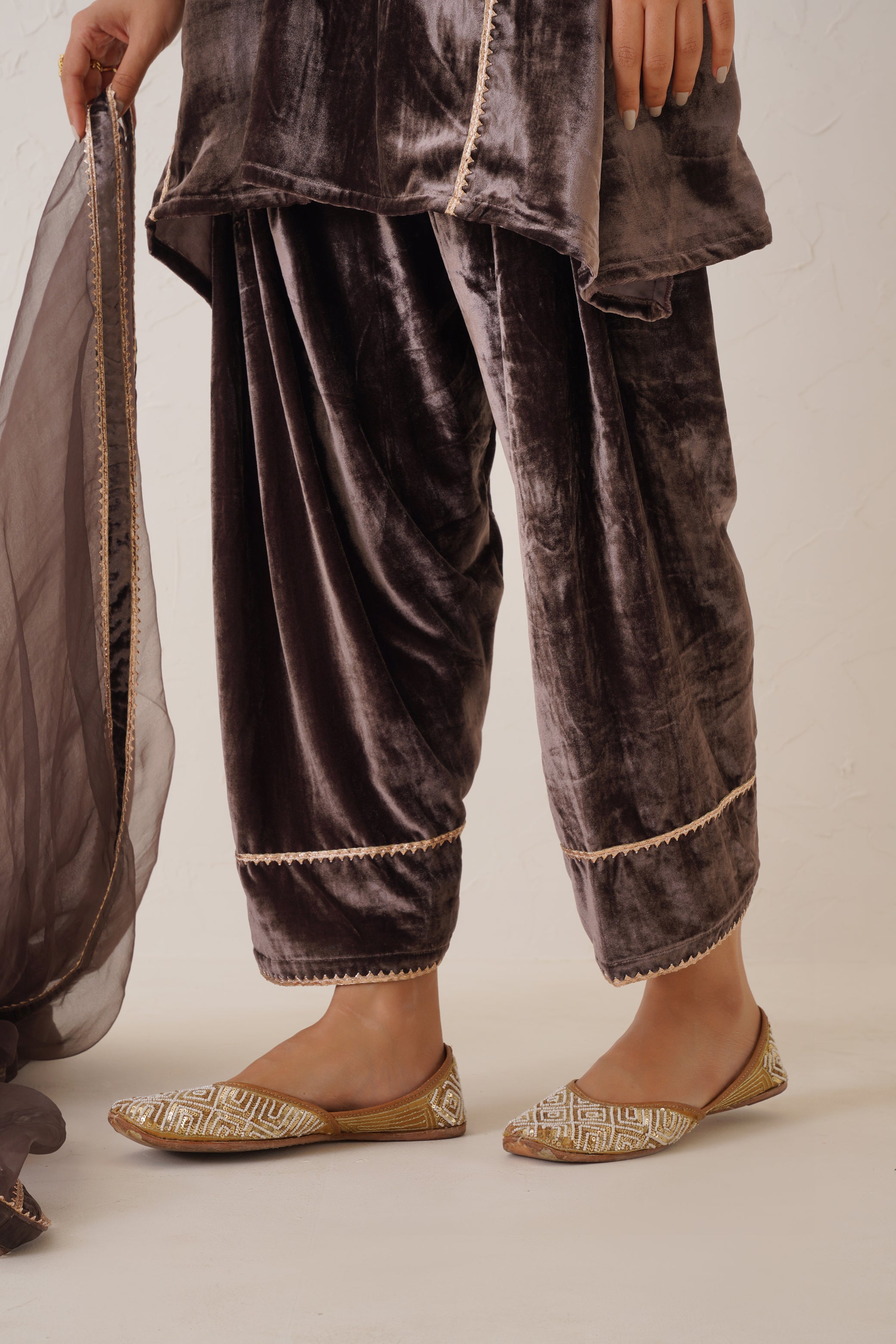 Brownish Mauve Pure Velvet Hand Embroidered Suit Set - Neetika Chopra