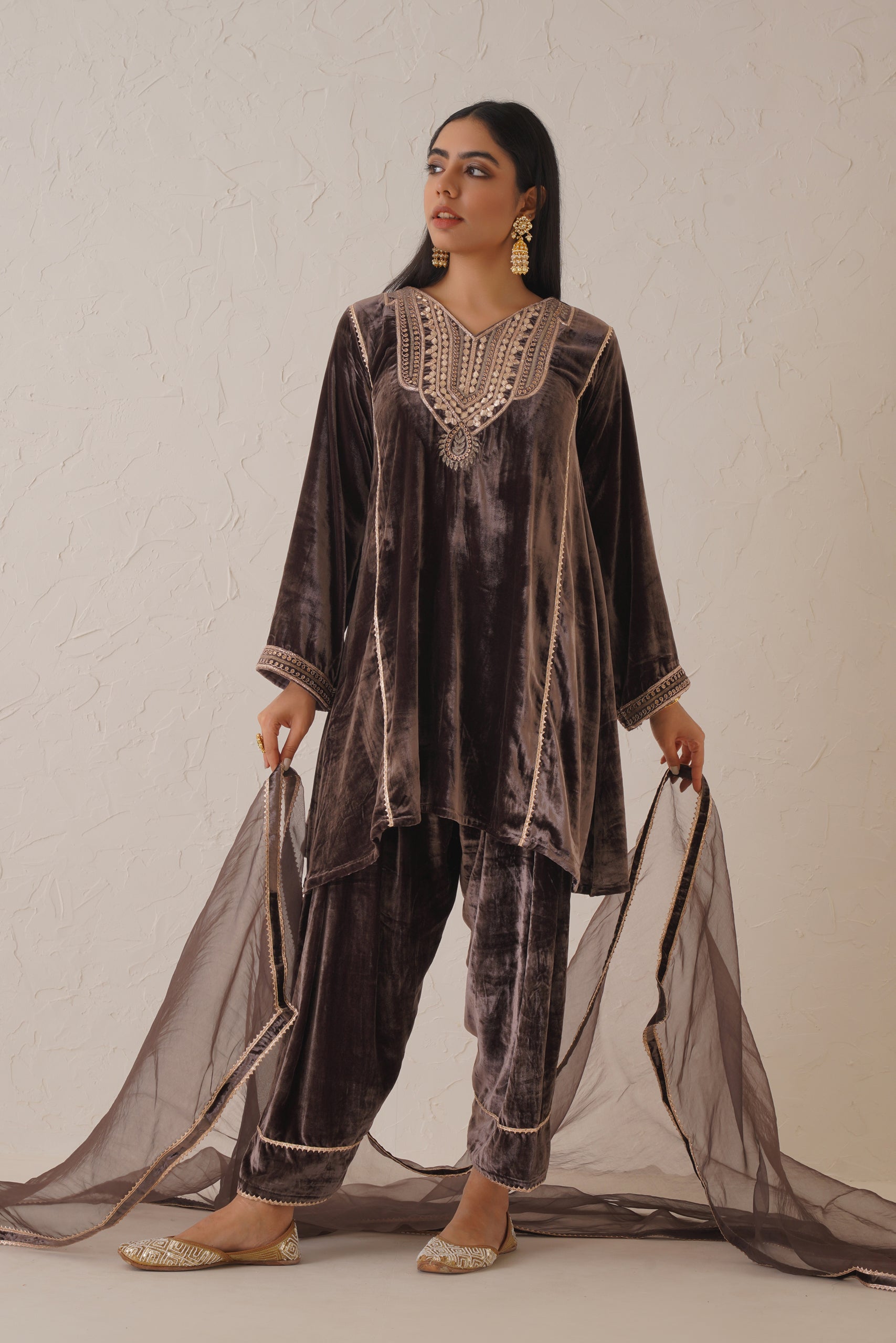 Brownish Mauve Pure Velvet Hand Embroidered Suit Set - Neetika Chopra