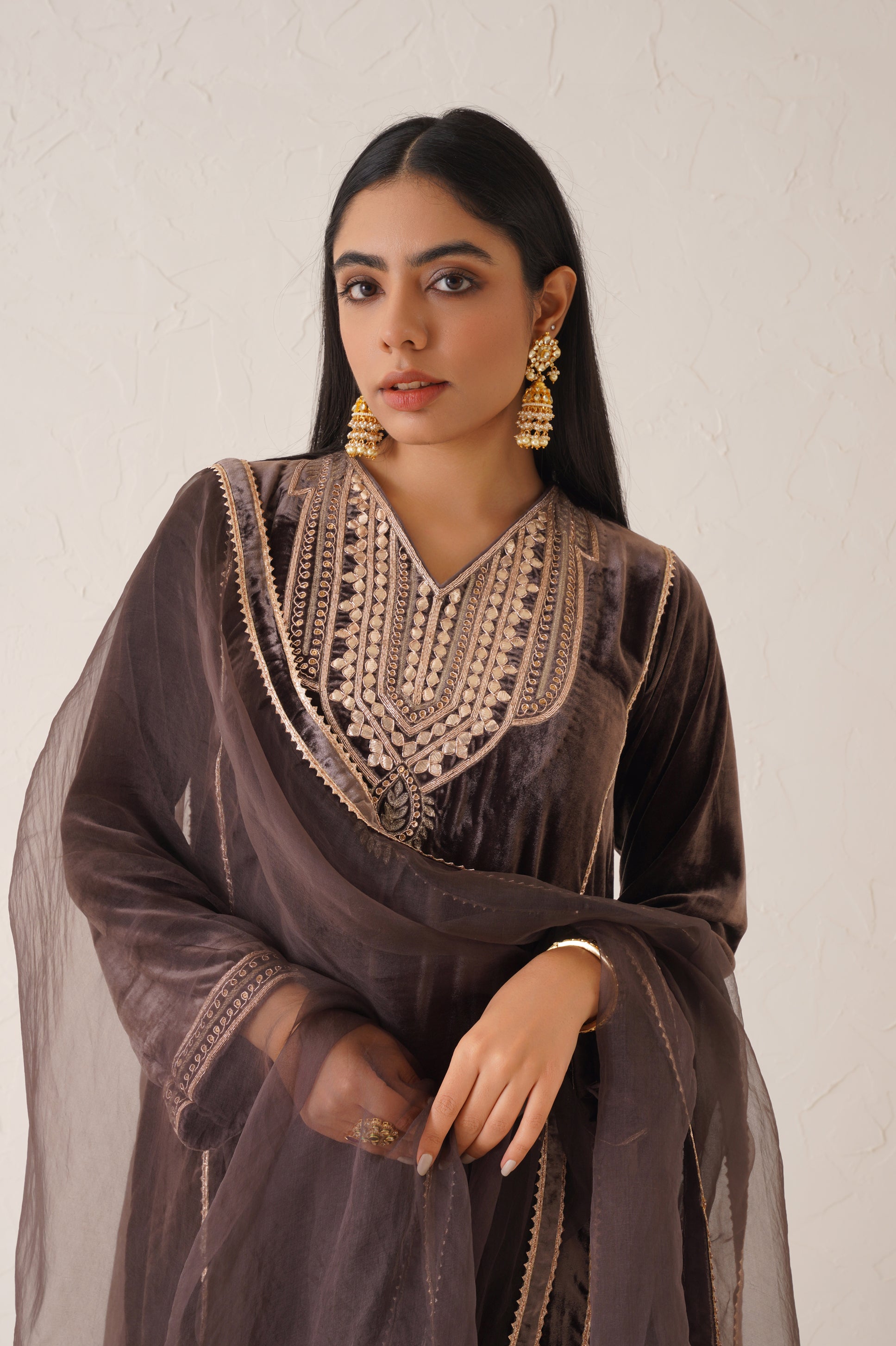Brownish Mauve Pure Velvet Hand Embroidered Suit Set - Neetika Chopra