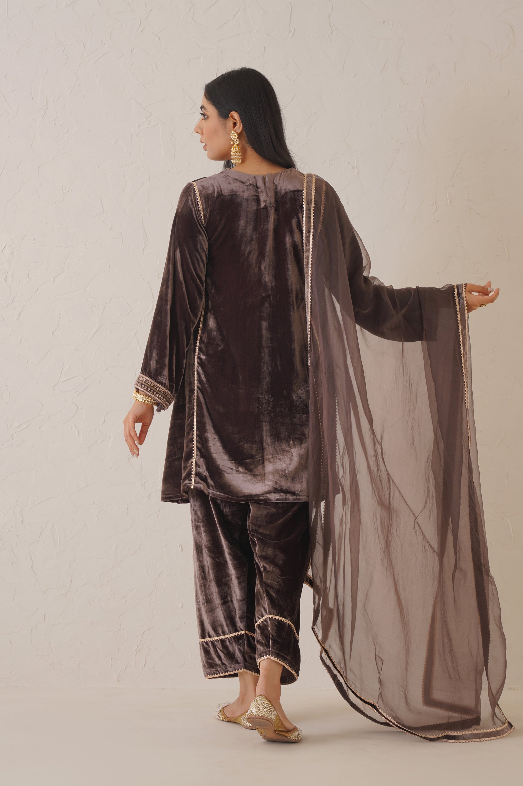 Brownish Mauve Pure Velvet Hand Embroidered Suit Set - Neetika Chopra