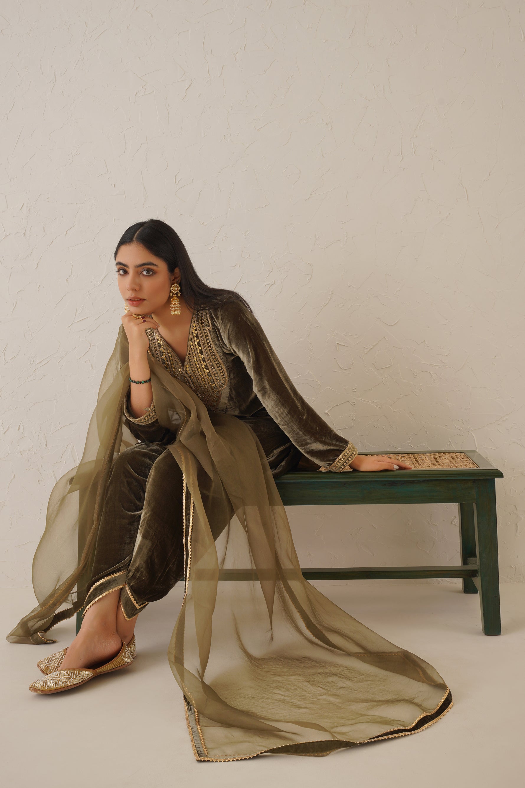 Olive Green Pure Velvet Hand Embroidered Suit Set - Neetika Chopra