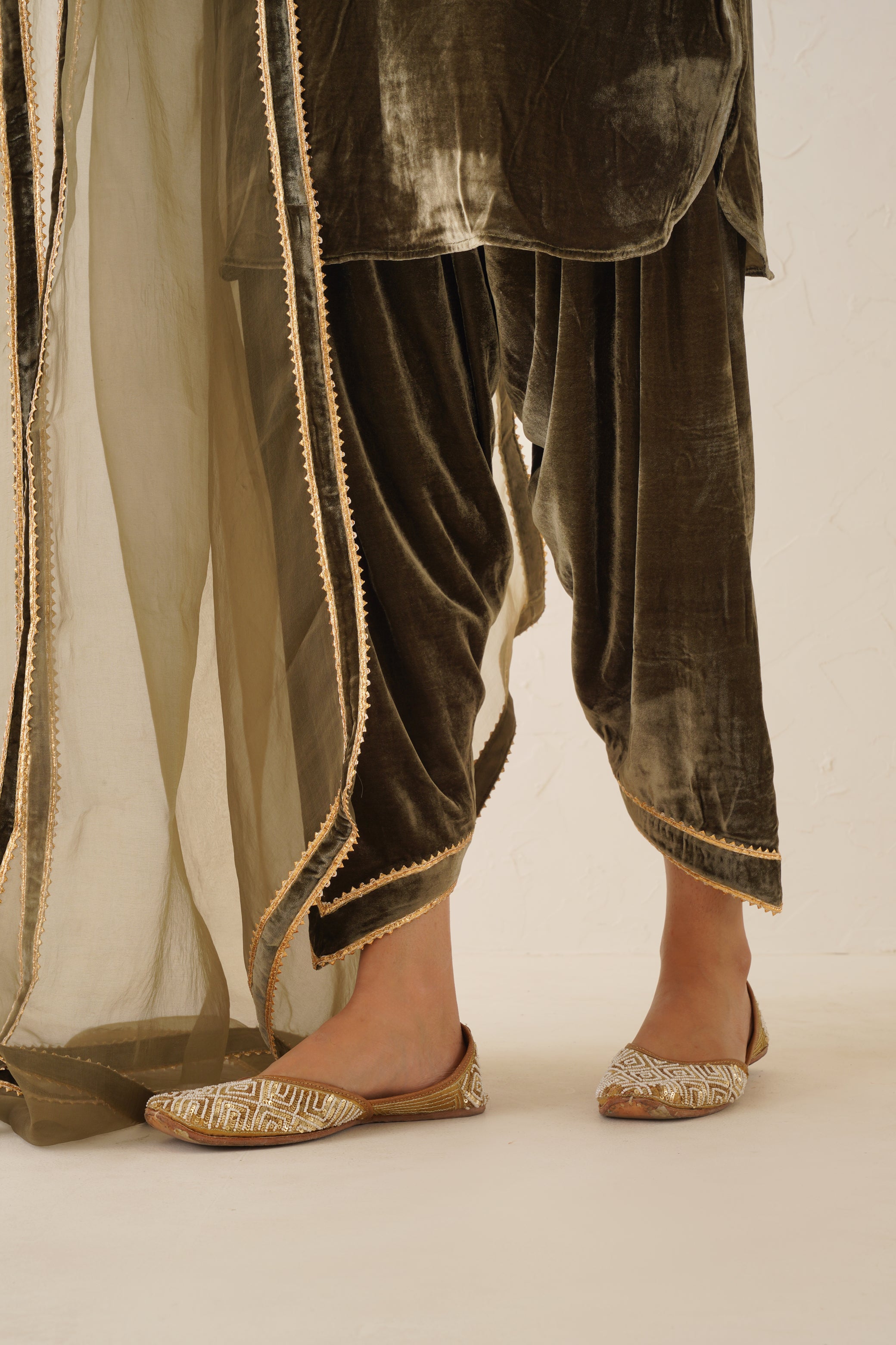 Olive Green Pure Velvet Hand Embroidered Suit Set - Neetika Chopra