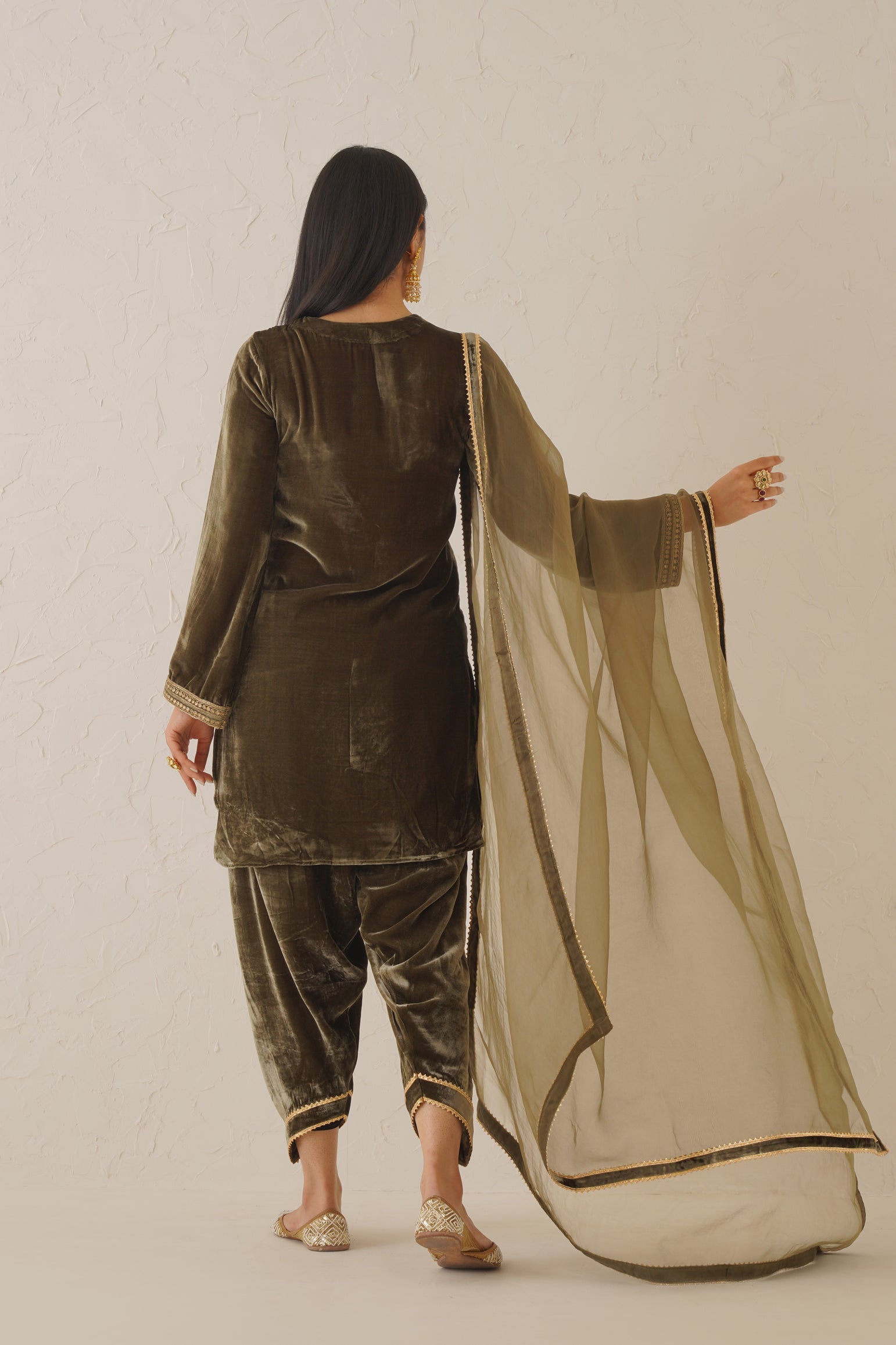 Olive Green Pure Velvet Hand Embroidered Suit Set - Neetika Chopra