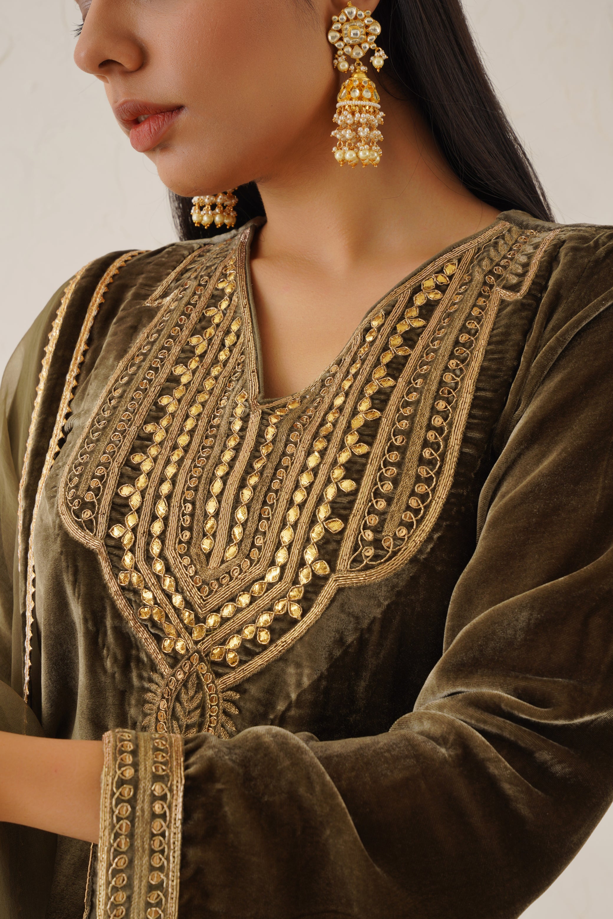 Olive Green Pure Velvet Hand Embroidered Suit Set - Neetika Chopra