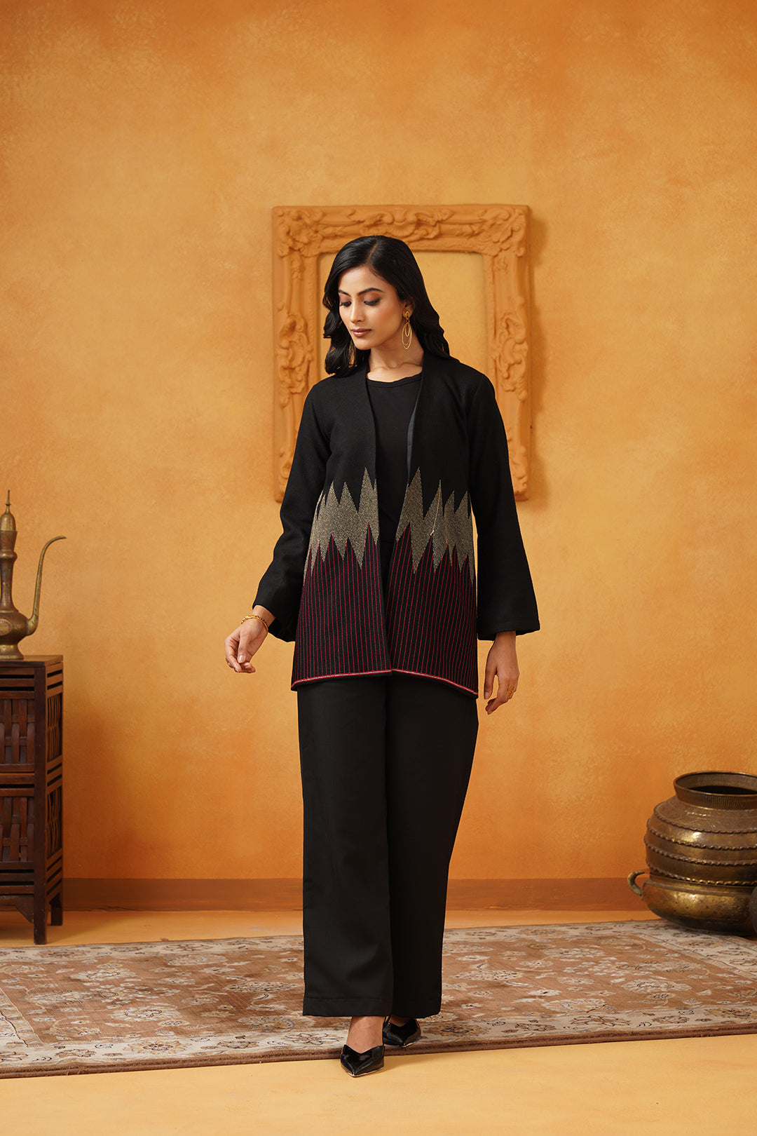 Black & Red Lurex Tweed Embroidered Matching Set - Neetika Chopra