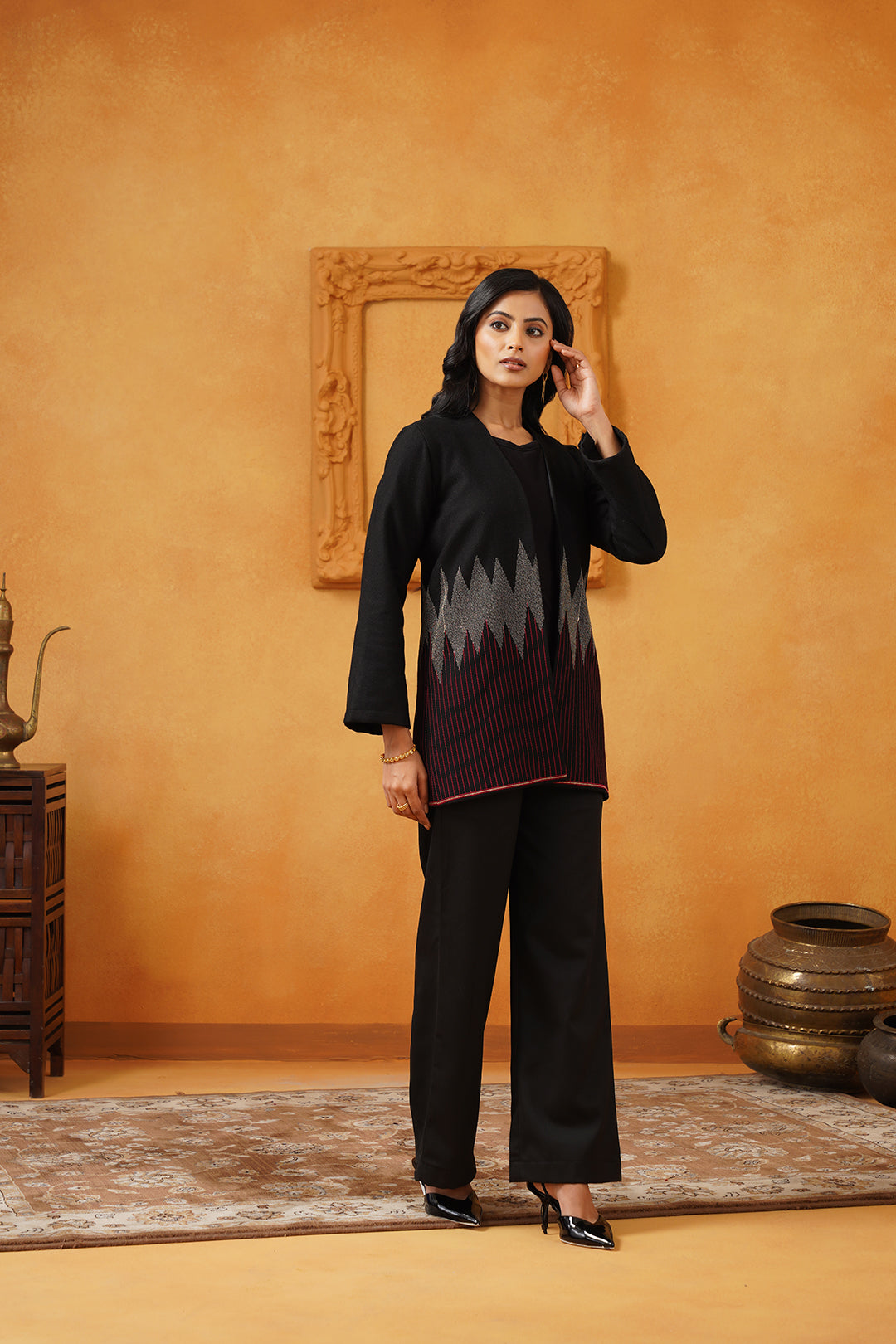 Black & Red Lurex Tweed Embroidered Matching Set - Neetika Chopra