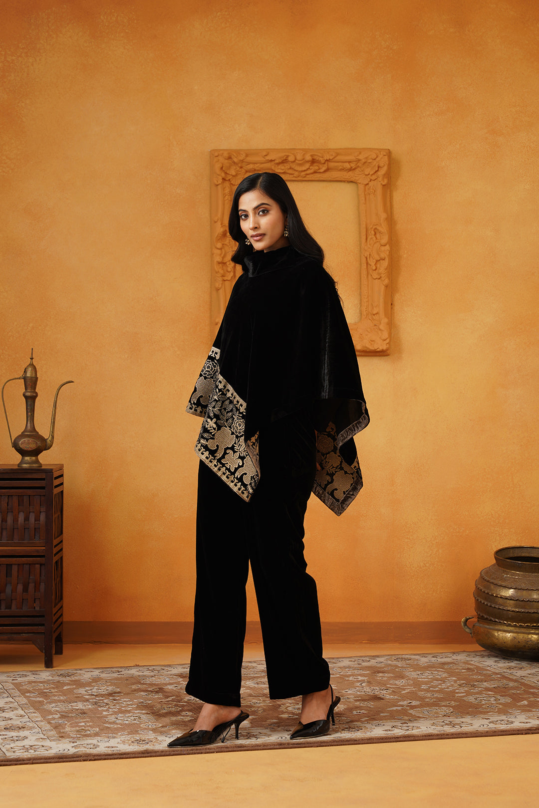 Nayab Velvet Embroidered Poncho Set - Neetika Chopra
