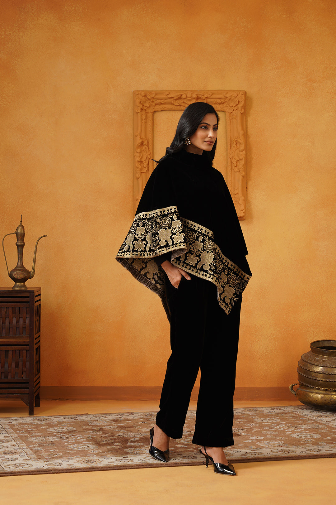 Nayab Velvet Embroidered Poncho Set - Neetika Chopra