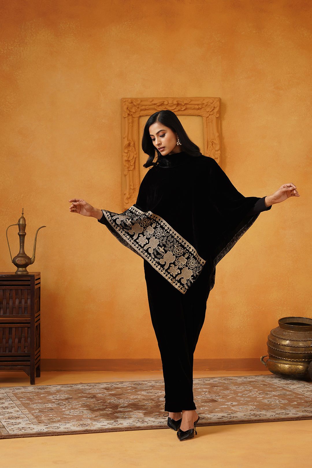 Nayab Velvet Embroidered Poncho Set - Neetika Chopra