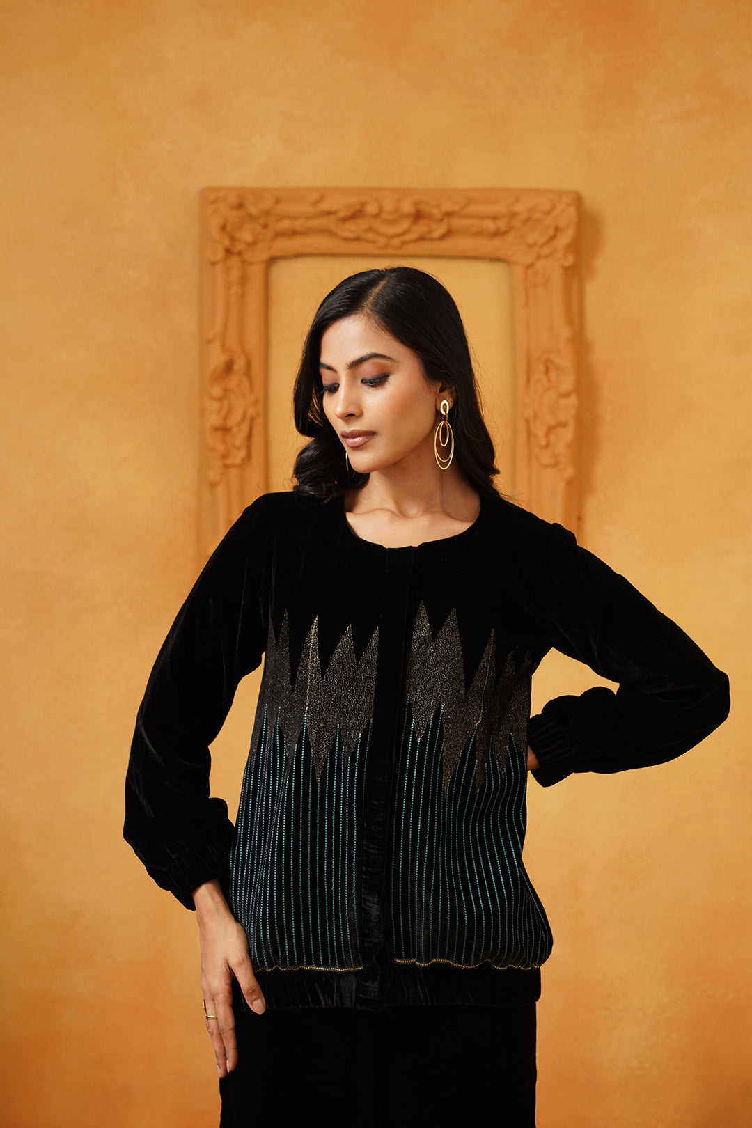 Sanchi Velvet Embroidered Jacket Set - Neetika Chopra