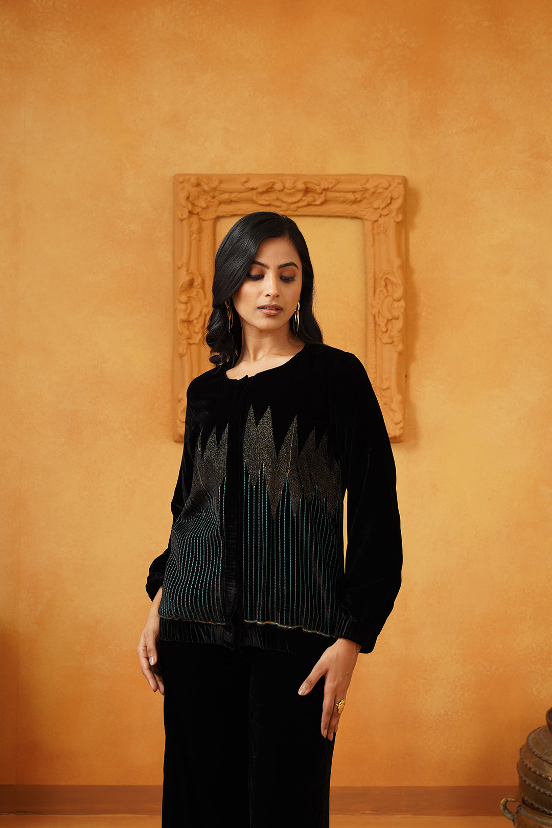Sanchi Velvet Embroidered Jacket Set - Neetika Chopra