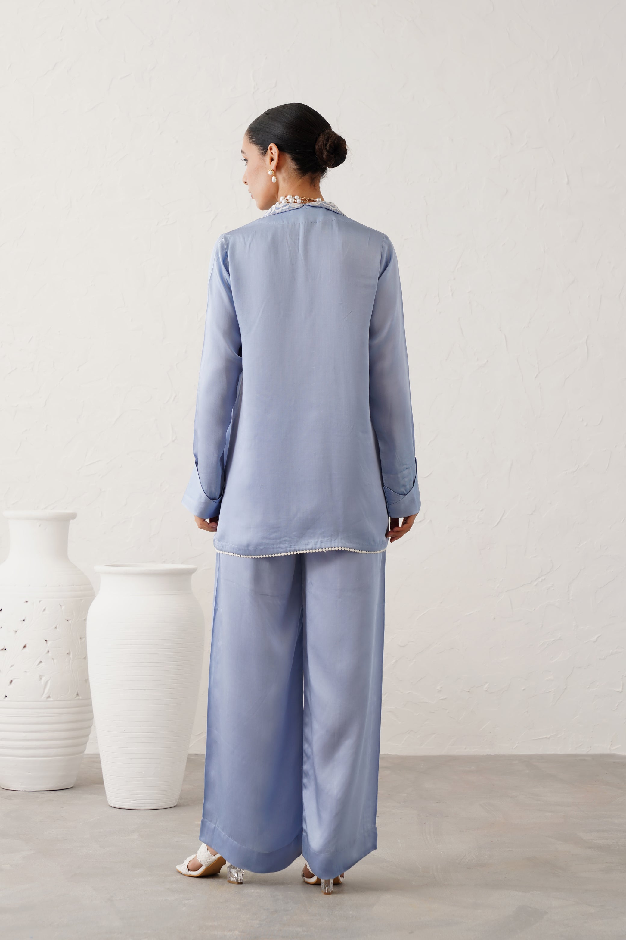 Ice Blue Satin Embroidered Matching Set - Neetika Chopra