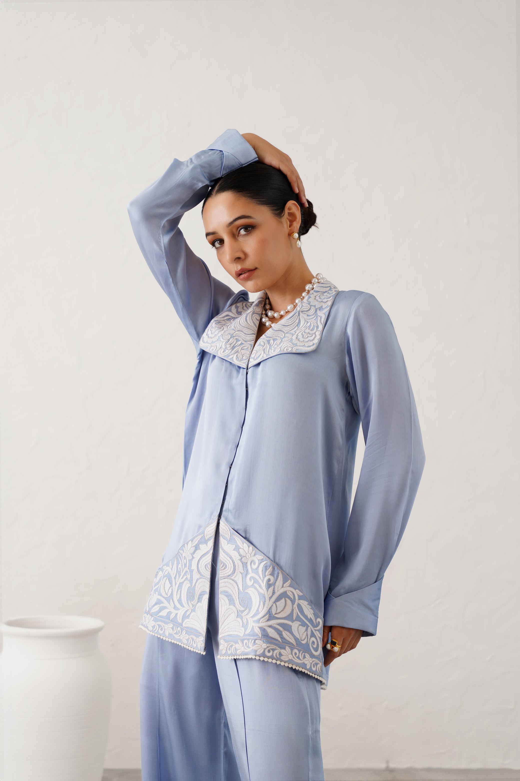 Ice Blue Satin Embroidered Matching Set - Neetika Chopra